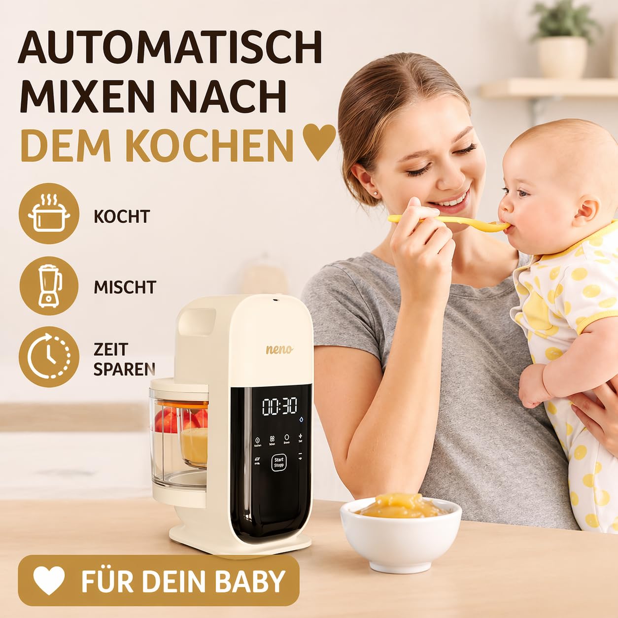 Neno Oro Babynahrungszubereiter 4 in 1 - Dampfgarer, Pürieren, Warmhalten, Zerkleinern - 11 Intelligente Kochprogramme