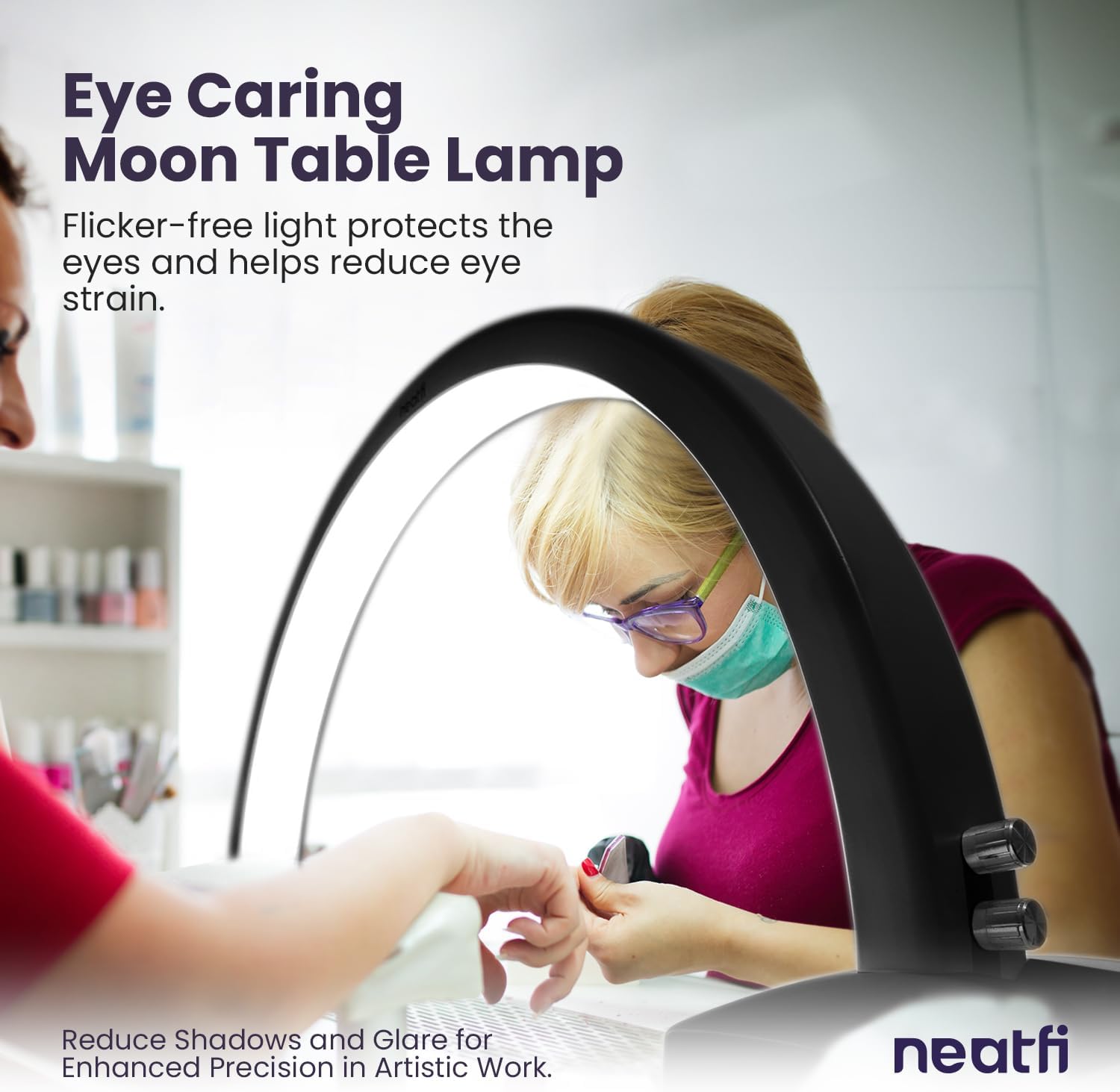 Neatfi LED Half Moon Table Lamp | 1,600 Lumens | 3 Light Modes | Desk Light for Nail Tech, Estheticians, Cosmeticians | Manicure, Facial Treatments, Threading, Tattoo Applications (Modern, Black)