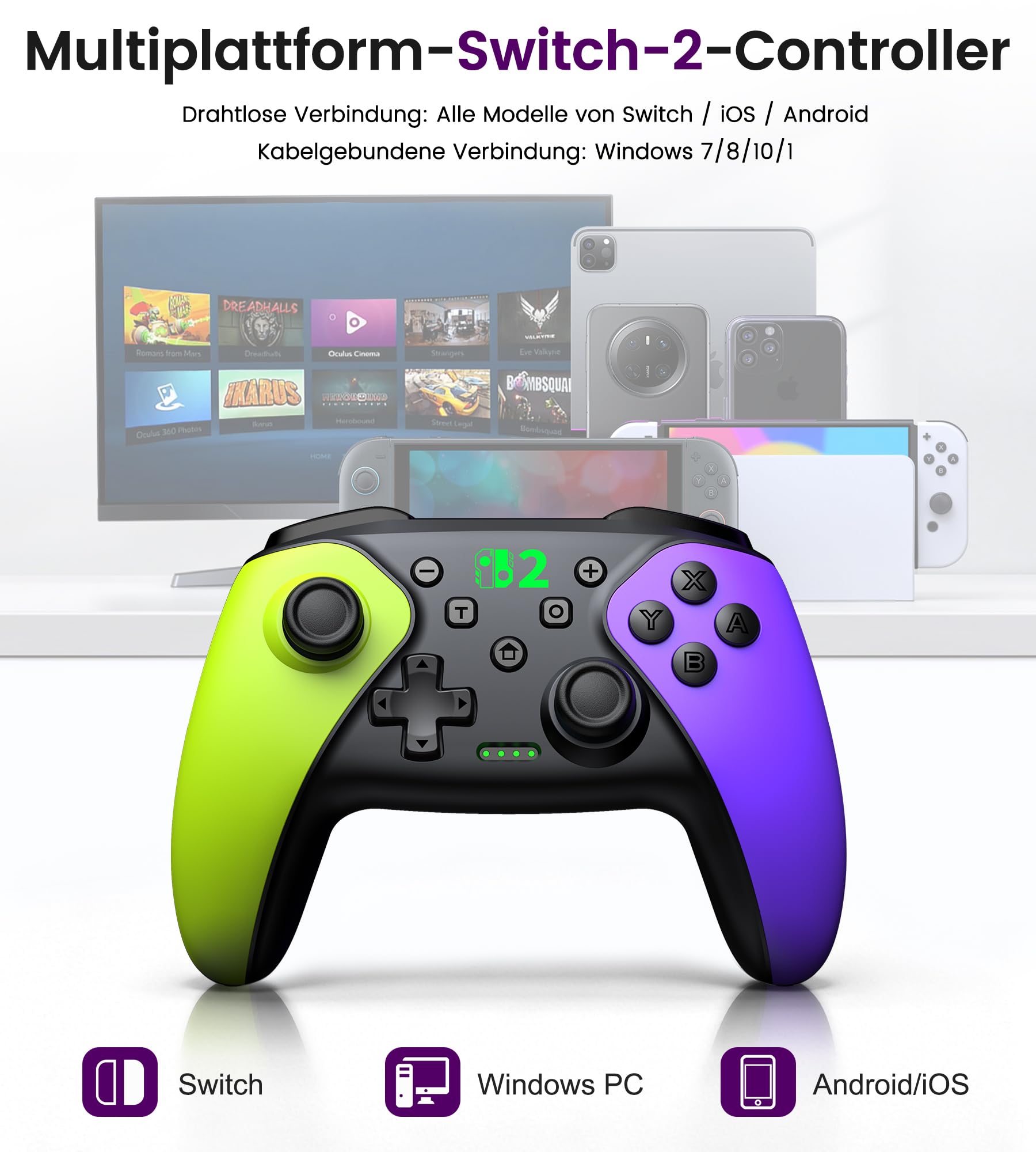 BEBONCOOL HOTS Switch Controller,Pro Controller für Switch 2/Switch 1/Lite/OLED–Aufwachfunktion/Wireless/Programmierbar/Turbo/Dual Vibration/15 Std Spieldauer,Ergonomisch Grün-Violett