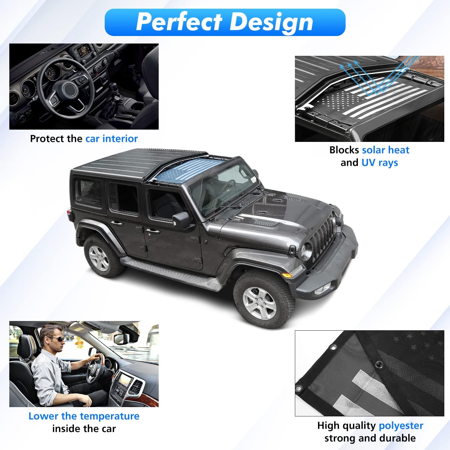 Linskip Overhead Protection Sun Shade Compatible with 2018-2026 Jeep Wrangler JL 4XE 2&4 Door, Freedom Mesh Screen Sunshade Bikini Top Cover for Jeep Wrangler Exterior Accessories(Black & White)