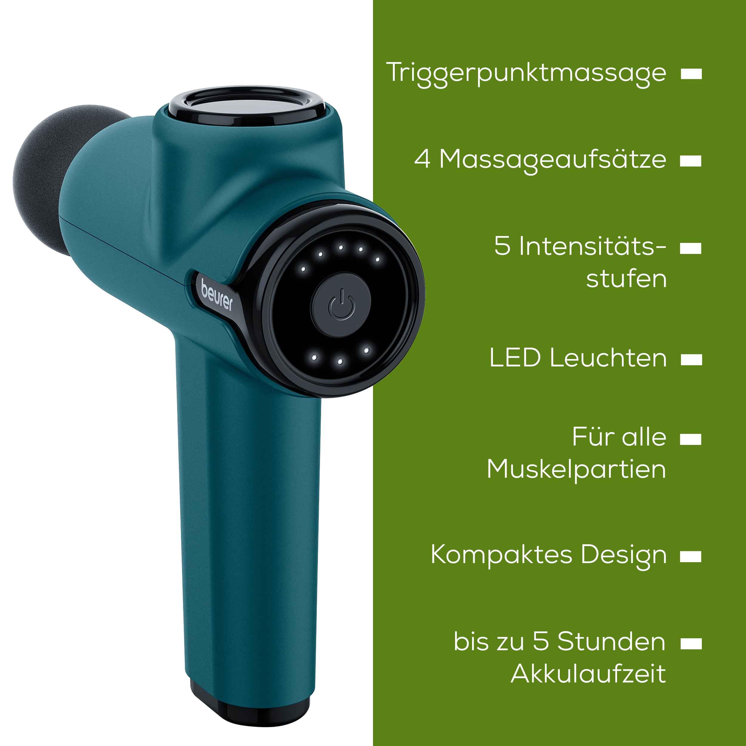Beurer MG 99 Massagepistole, Massage Gun mit 4 Aufsätzen, Triggerpunktmassage, Muskelmassagegerät mit 5 Intensitätsstufen & Akku