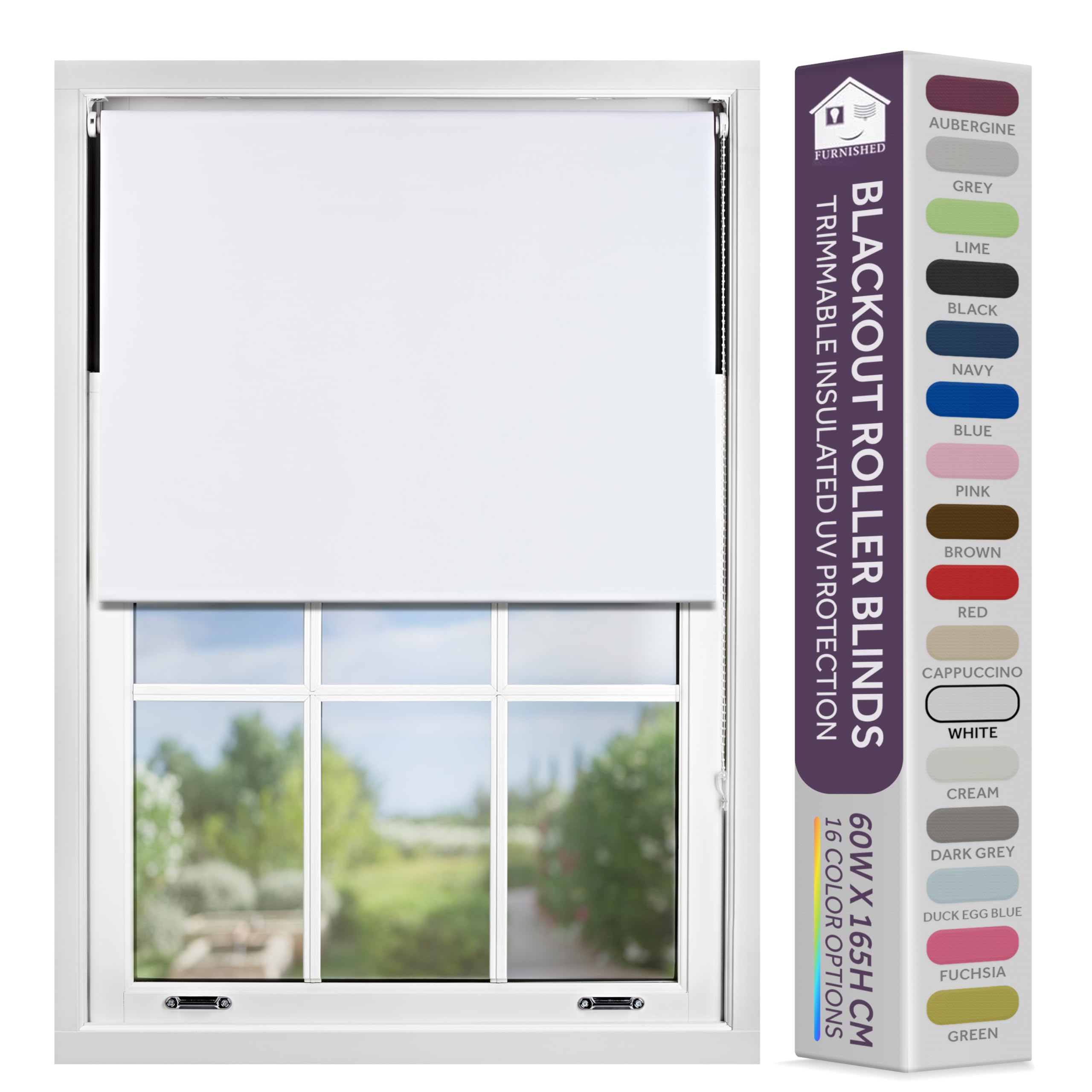 Furnished White Blackout Roller Blind With Metal Fittings Trimmable Insulated Thermal Fabric Heavy-Duty Easy Install Brackets Window Roller Blinds - 195W X 210H Cm