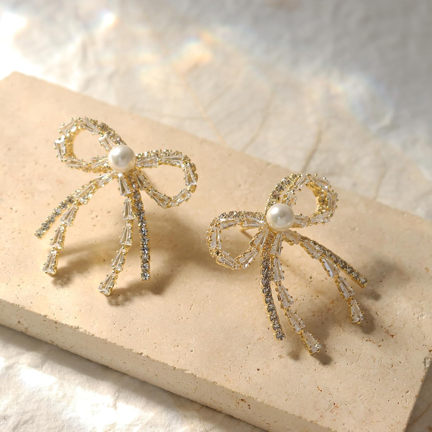 Dainty Rhinestone Pearl Bow Stud Earrings for Women, Statement Fashion Cubic Zirconia Earing Bridal Wedding Prom Gewelry Gift - Image 5