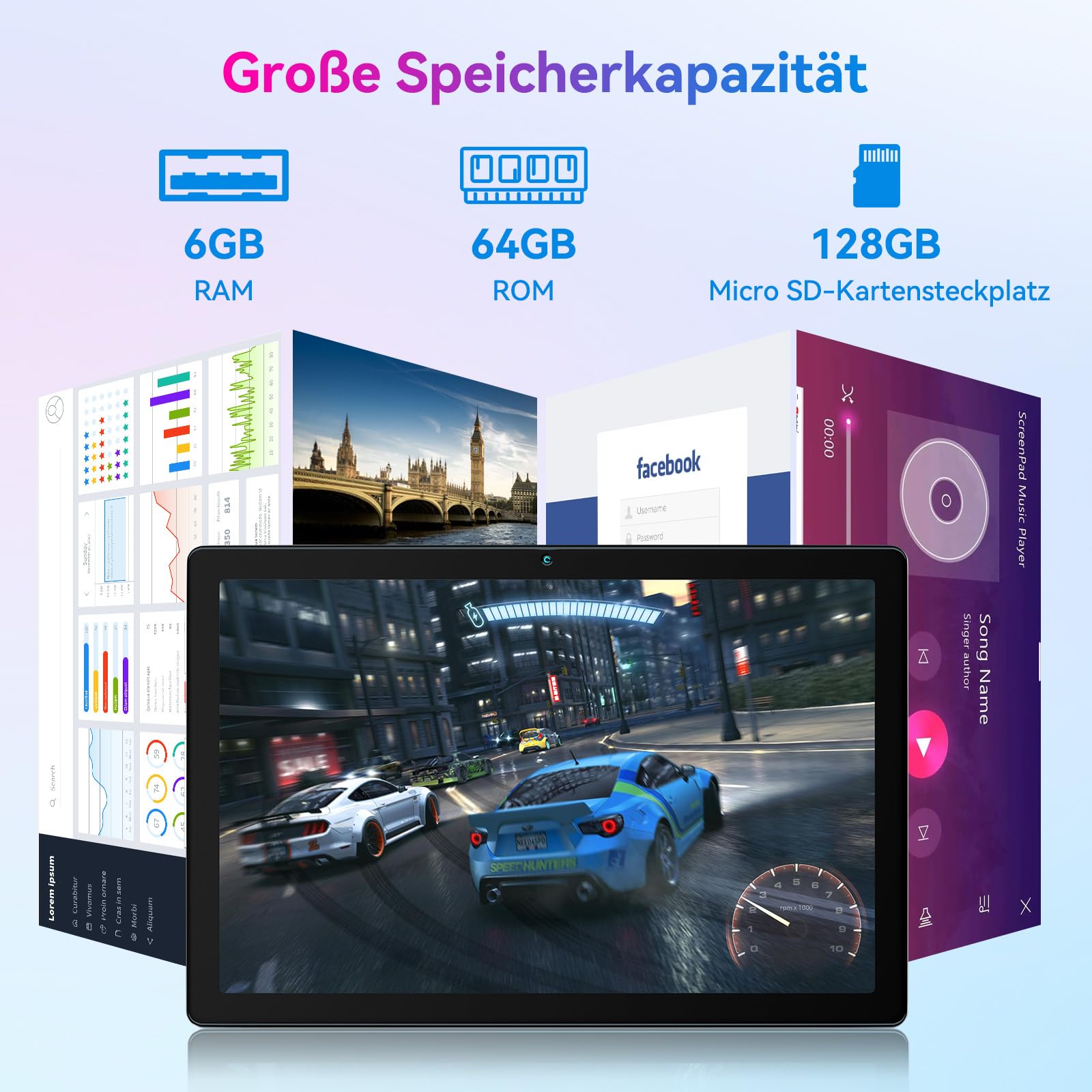 Tablet Android 10 pollici 6GB 64GB espandibile 128GB Bluetooth 5.2 Wi-Fi 6 doppia fotocamera batteria 5000 mAh touchscreen HD 1280x800 grigio