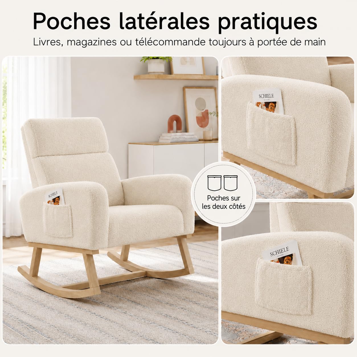 BRILVERDE Sedia a Dondolo, Poltrona Dondolo con Tasche Laterali Gambe in Legno massello, Allattamento al Seno, Sedia per Il Tempo Libero, Adatta per Soggiorno e Camera da Letto (Beige)