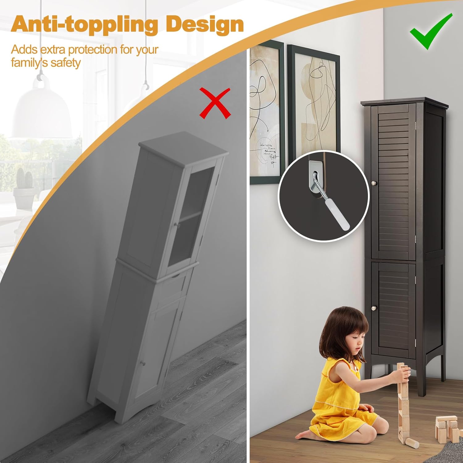 COSTWAY Tall Bathroom Storage Cabinet, 5-Tier Freestanding Linen Tower Cabinet with 2 Doors, Wooden Side Storage Organizer, Narrow Slim Floor Cabinet for Bathroom, Living Room, Kitchen (Brown)