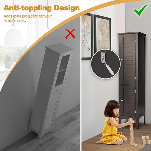 Miniatura 6 de COSTWAY Armario alto de almacenamiento para baño, gabinete de torre de lino independiente de 5 niveles con 2 puertas, organizador de almacenamiento