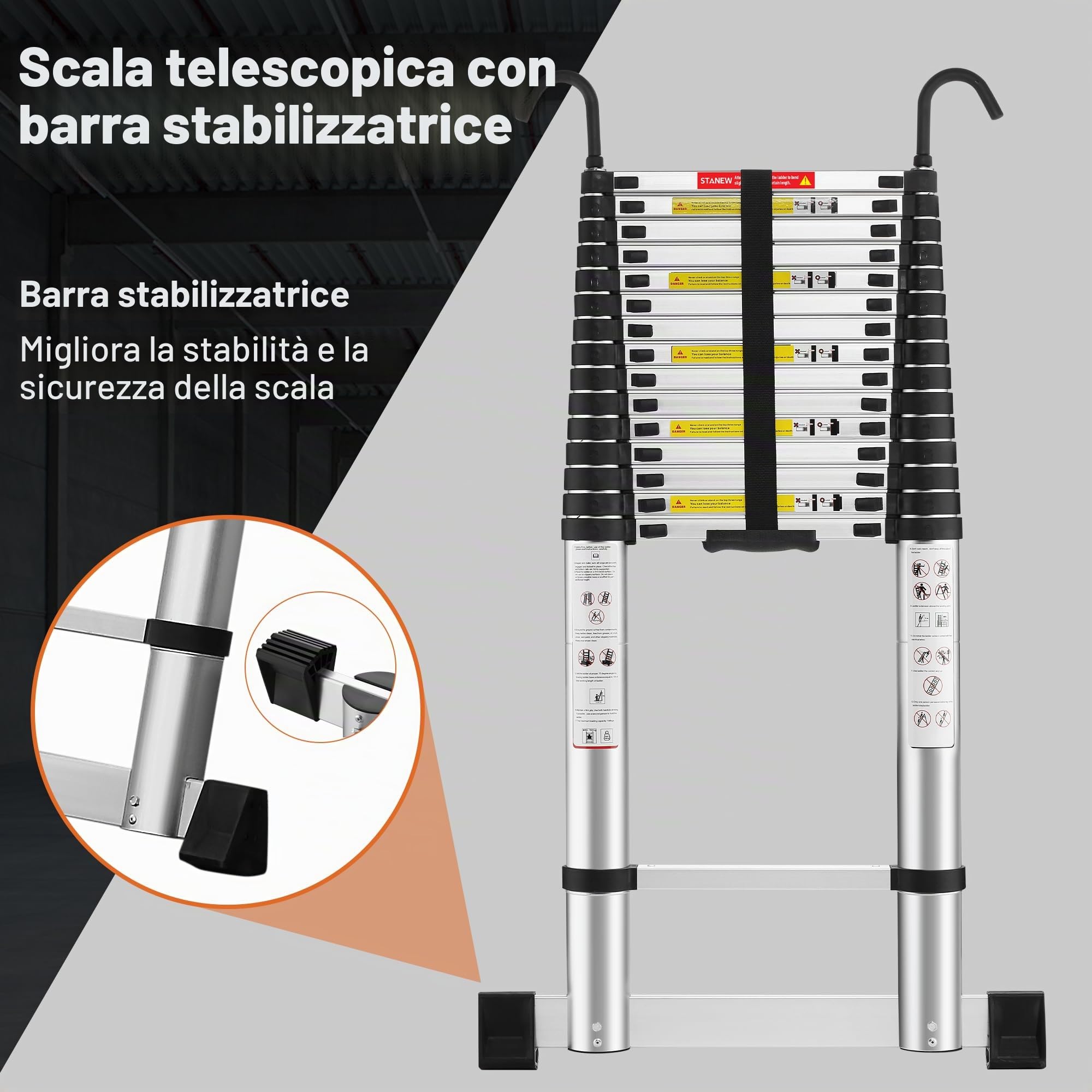 TEENO Scala Telescopica 6,2 M, Scala Telescopica in Alluminio con Barra Stabilizzatrice e Gancio Rimovibile, Scala Pieghevole Portatile per Riparazioni Domestiche, Carico Max 150 KG