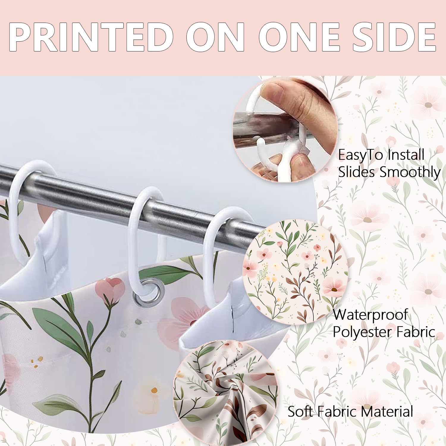 NYMB Pink Shower Curtain, Light Pink Floral with Leaves Shower Curtains for Boho Farmhouse Countryside Cottagecore Bathroom Decor, Waterproof Polyester Fabric Bath Curtain with Hooks, 72 W X 78 H Inch