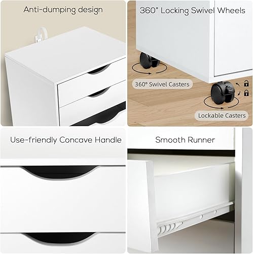 Miniatura 5 de TUSY Organizador de 7 cajones, cómoda alta con ruedas giratorias, archivos Alex para oficina en casa, color blanco