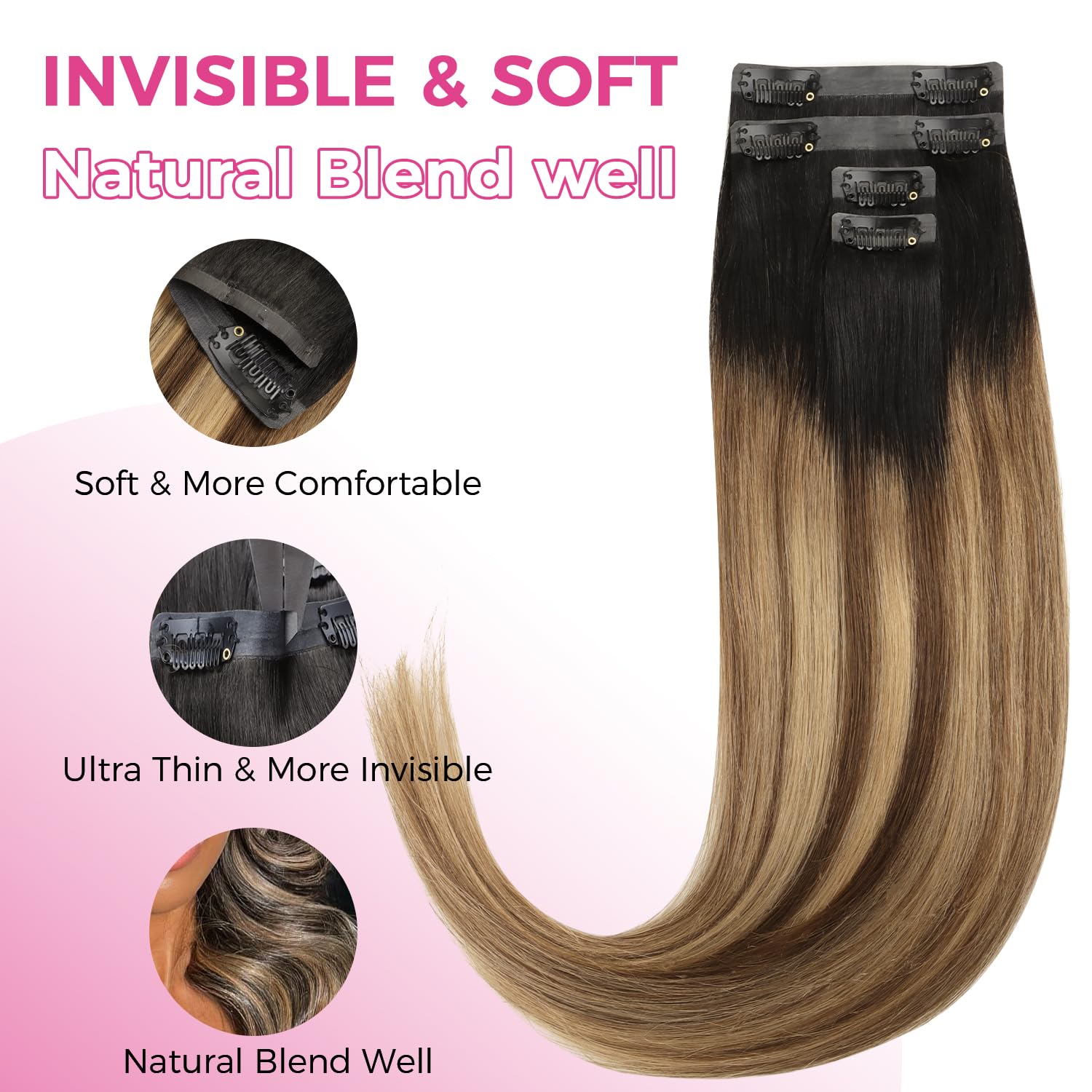 Lashey Seamless Clip in Hair Extensions Human Hair Ombre Balayage Ash Brown Highlighted Honey Blonde with Natural Black Dark Roots Hair Extensions Real Human Hair 43g 4pcs 16 Inch Straight Clip ins