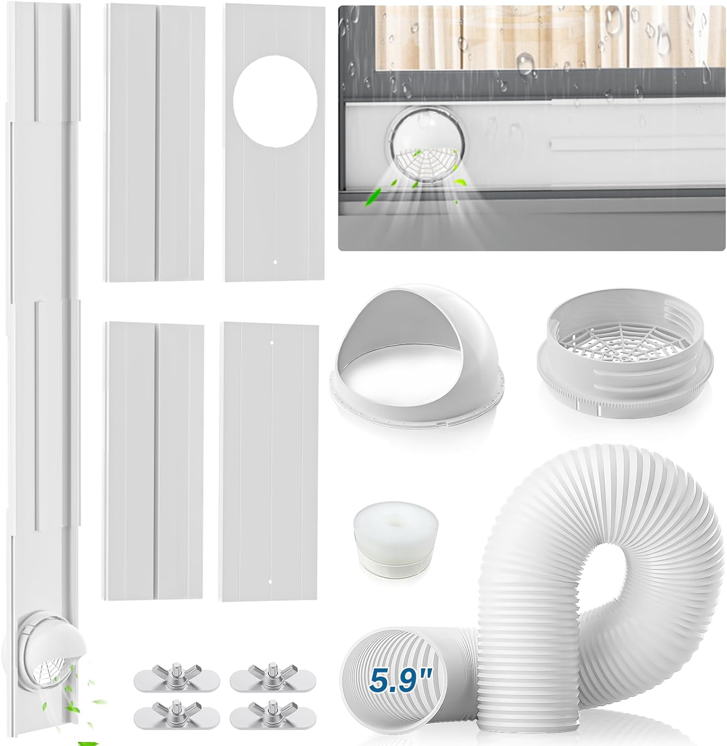 Insputer Portable AC Window Vent Kit with 5.9" Exhaust Hose & Coupler, Adjustable Air Conditioner Window Seal Kit for Sliding Vertical/Horizontal Windows (4 Pcs)