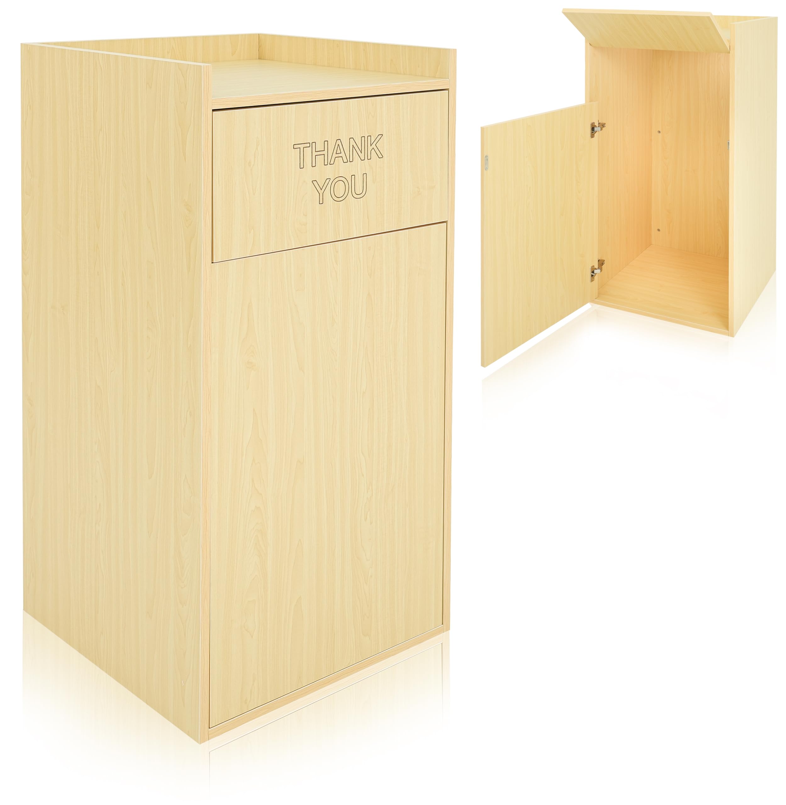 Alpine Restaurant Trash Can Cabinet with Tray Holder - Thank You Trash Can, Commercial Trash Can 40 Gallon Garbage Can Cabinet for Restaurants, Cafeterias (Oak)