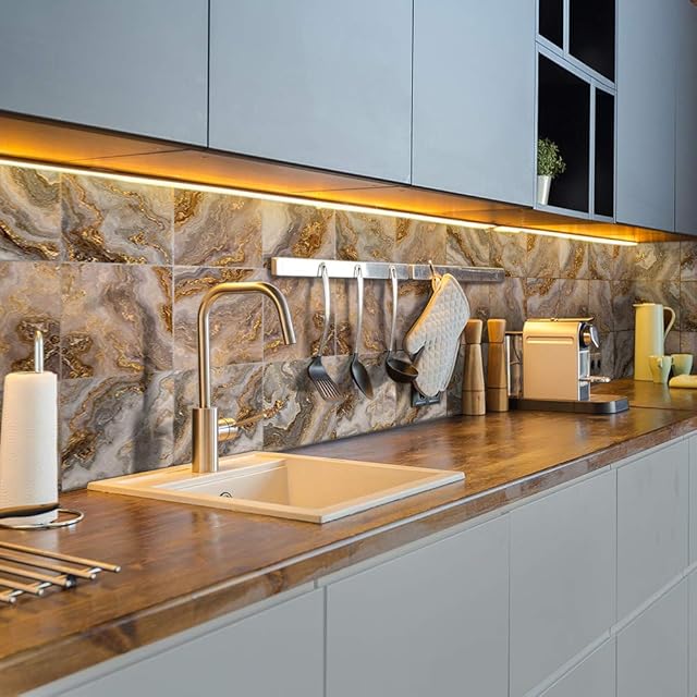 Floor Wall Tile Transfers Sticker for Home Decor, Peel & Stick self-Adhesive splashback, Tile Decals for Living Room Kitchen Bathroom Decor,15cmX15cmX 10 Pcs, Brown and Golden Marble Tile Sticker