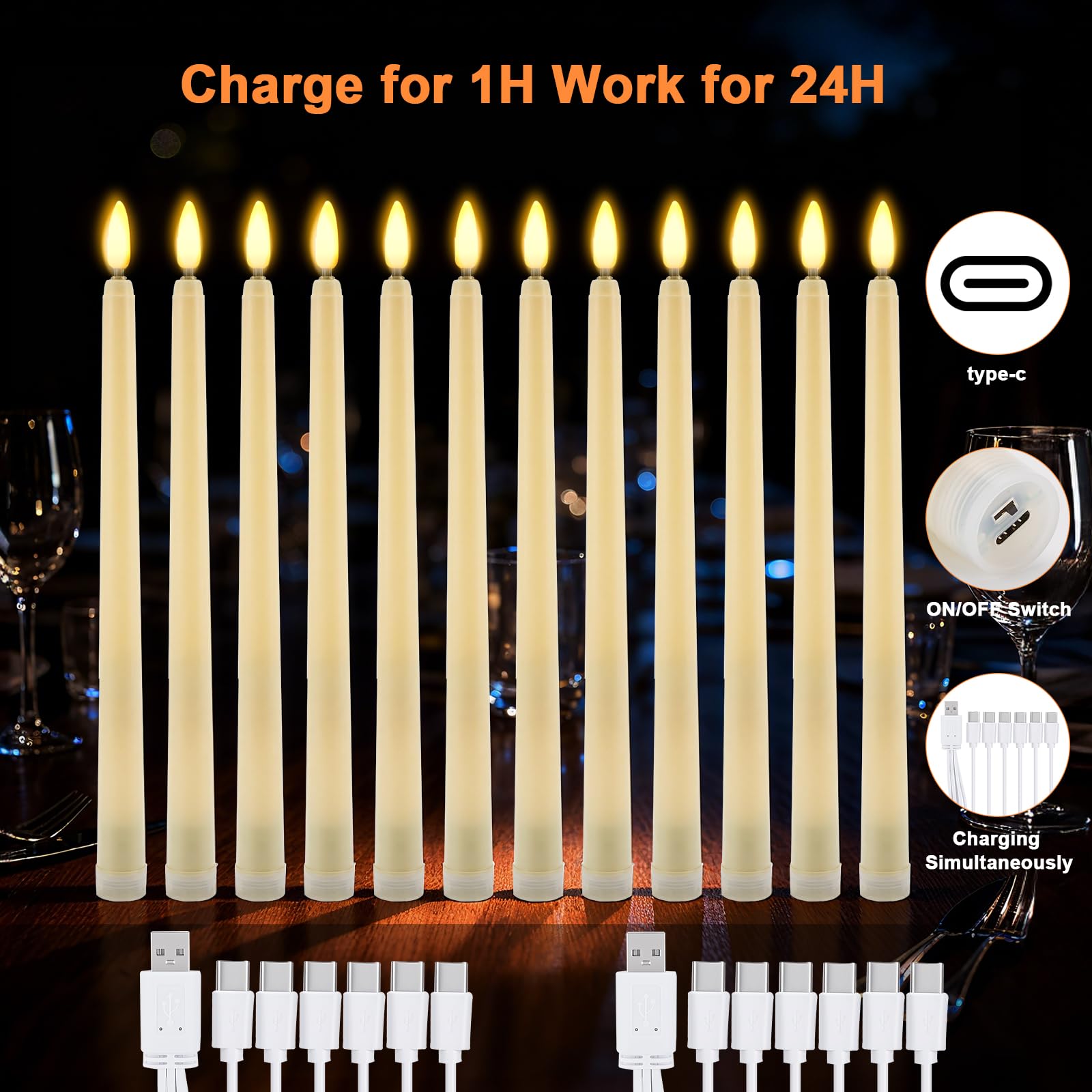 IMAGE Lot de 12 bougies coniques rechargeables sans flamme, mèche 3D ivoire avec minuteur à distance, ligne de pêche de 99,1 m, bougies LED vacillantes pour décoration de Noël, maison, mariage