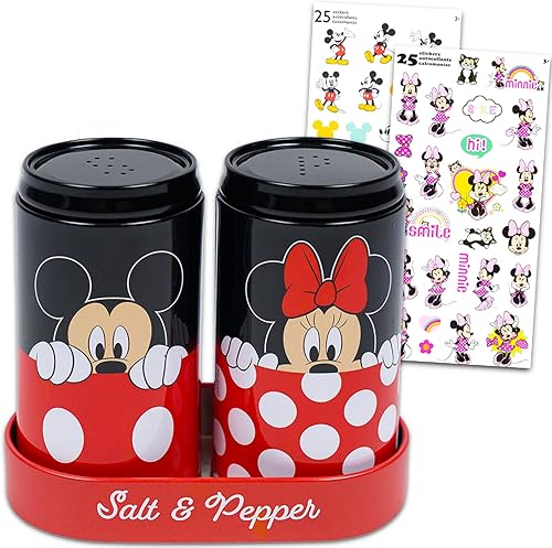 Salero y pimentero de Mickey y Minnie  Paquete de accesorios de cocina de Disney con salero y pimentero de Mickey y Minnie más calcomanías