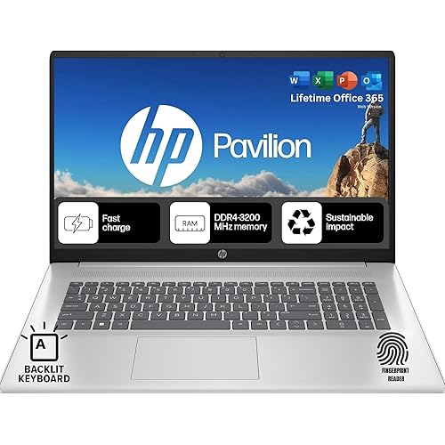 HP 17.3 Backlit Keyboard Laptop with Fingerprint Reader | Lifetime Office 365 for The Web | Intel 10-Core i5, Iris Xe Graphics | 16GB RAM, 512GB SSD Storage | Windows 11 w/o Mouse