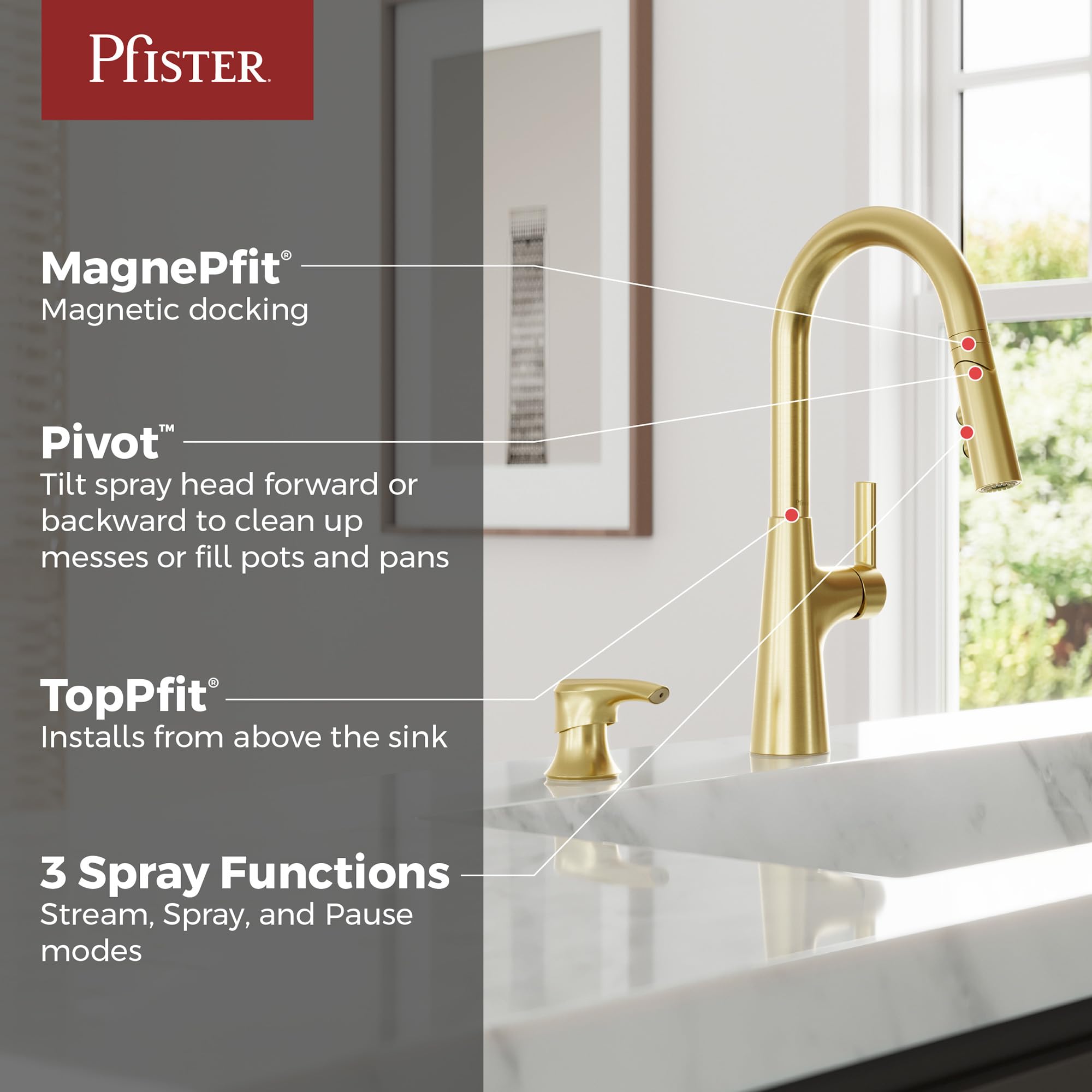 Pfister Tasso F5297TSOBG - Grifo de cocina con pulverizador extraíble y dispensador de jabón, mango único, arco alto, acabado dorado cepillado