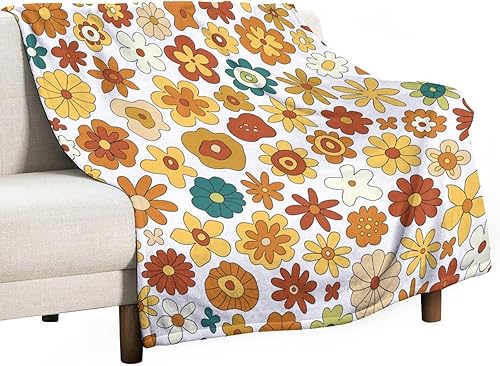 Miniatura 25 de Manta de tiro floral retro de los años 70, estilo bohemio, ondulado, geométrico, hippie, lindas flores, amarillo y naranja, manta con estampado