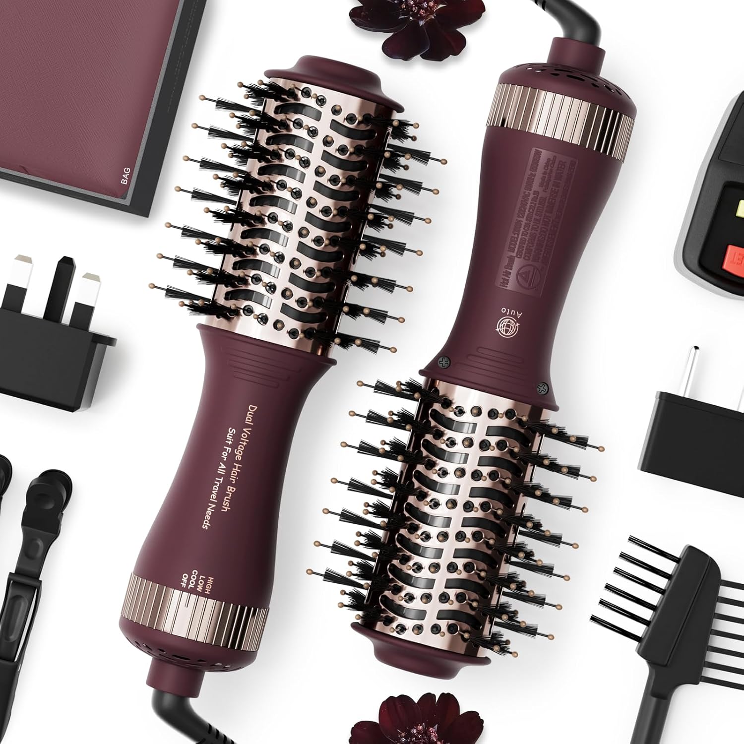 Travel Dual Voltage Hair Dryer Brush 4-in-1 Portable Mini Hot Air Blow Dryer Straightener & Curler Brush, Automático Doble Voltaje Cepillo Secador De Cabello 110~240V US/EU/UK -Blackcurrant Rose Gold