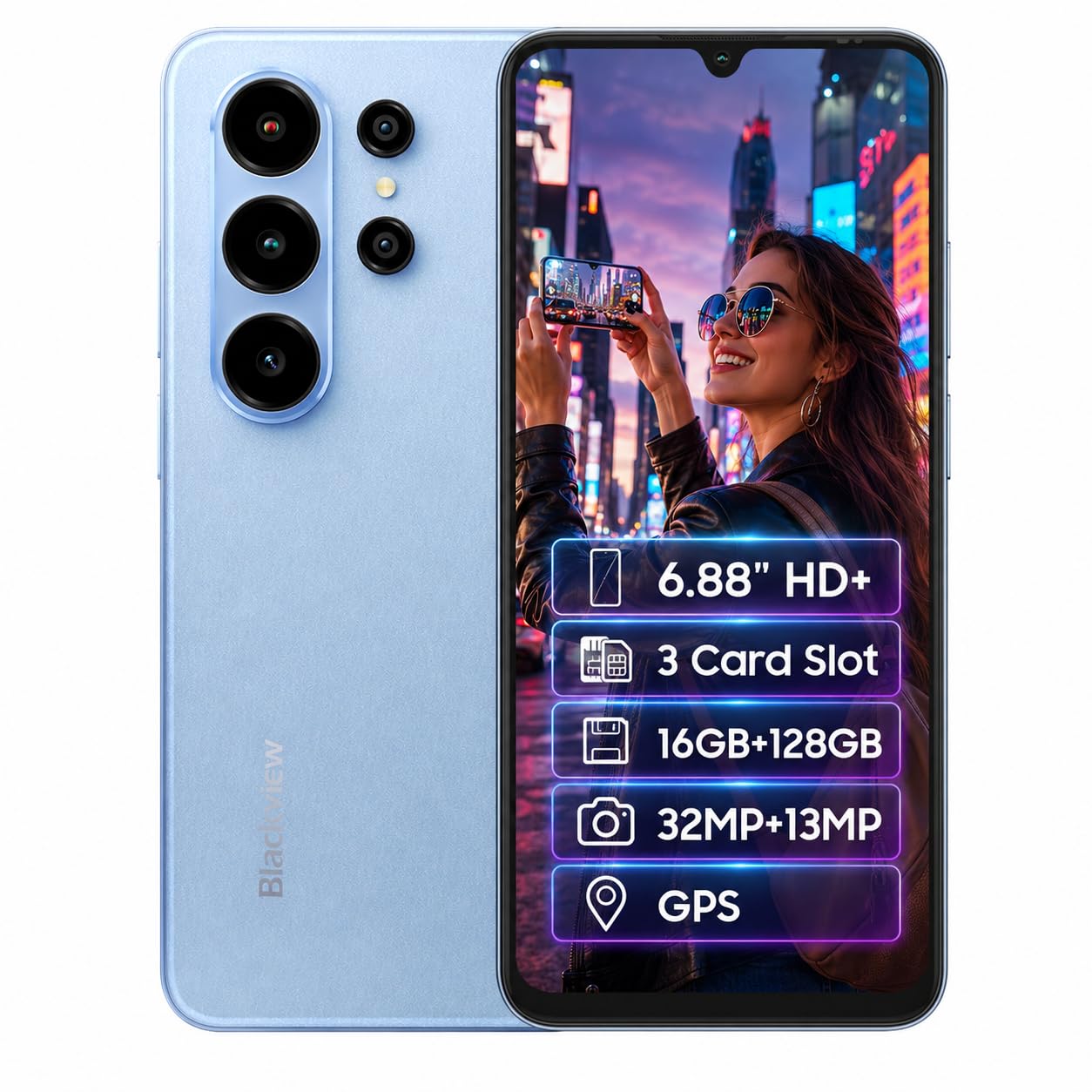 Blackview Wave 10C Smartphone 4G AI Offerte, 6,88" HD+, 16GB+128GB (2TB Esterna), 3 Assistenti Intelligenti AI, Fotocamera 32MP+13MP, Slot per 3 Schede, Android 16 Dual SIM Cellulare GPS, Blu