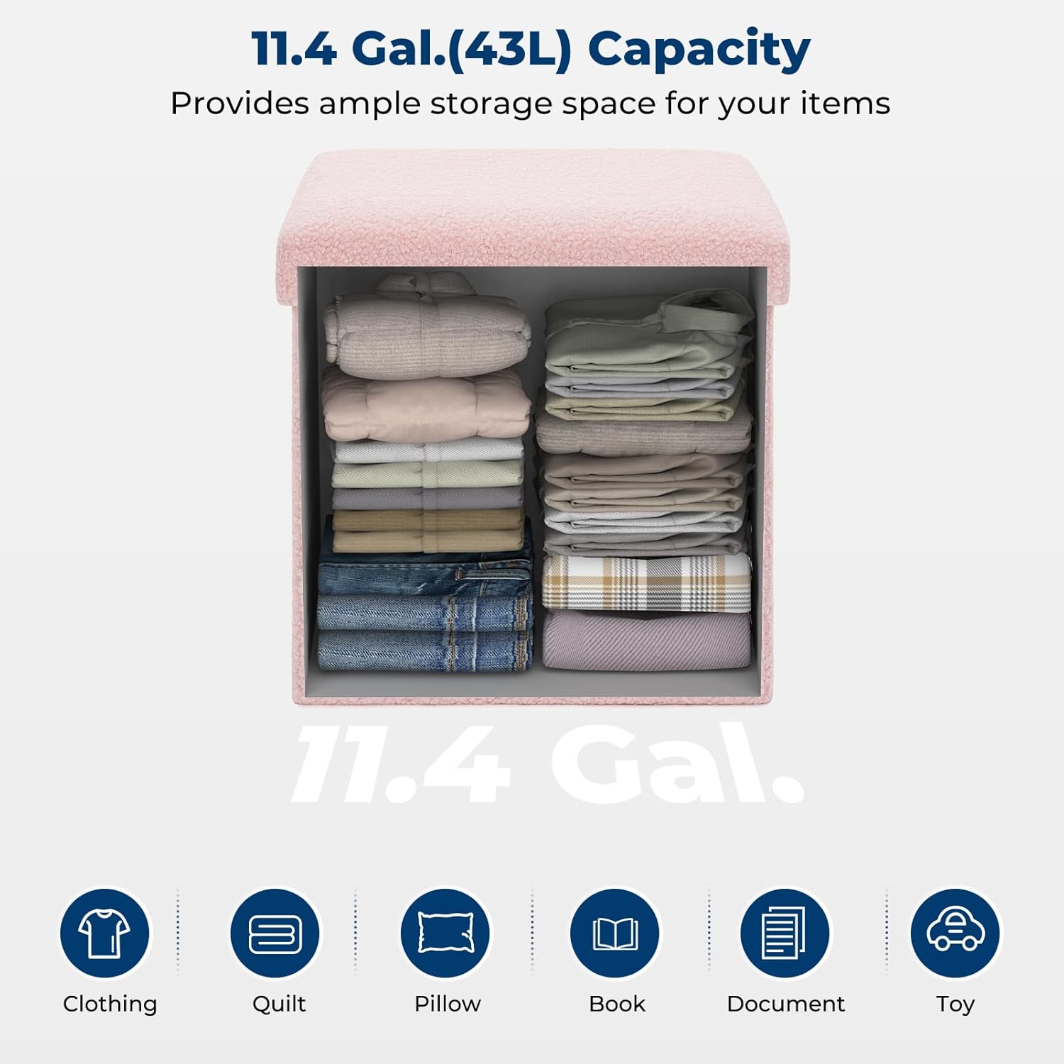 Folding Storage Ottoman Bench, 15 Inch Boucle Small Ottoman Foot Rest for Couch, End of Bed Bench with 397 lb Capacity, Storage Chest for Living Room, Bedroom, Entryway Pink