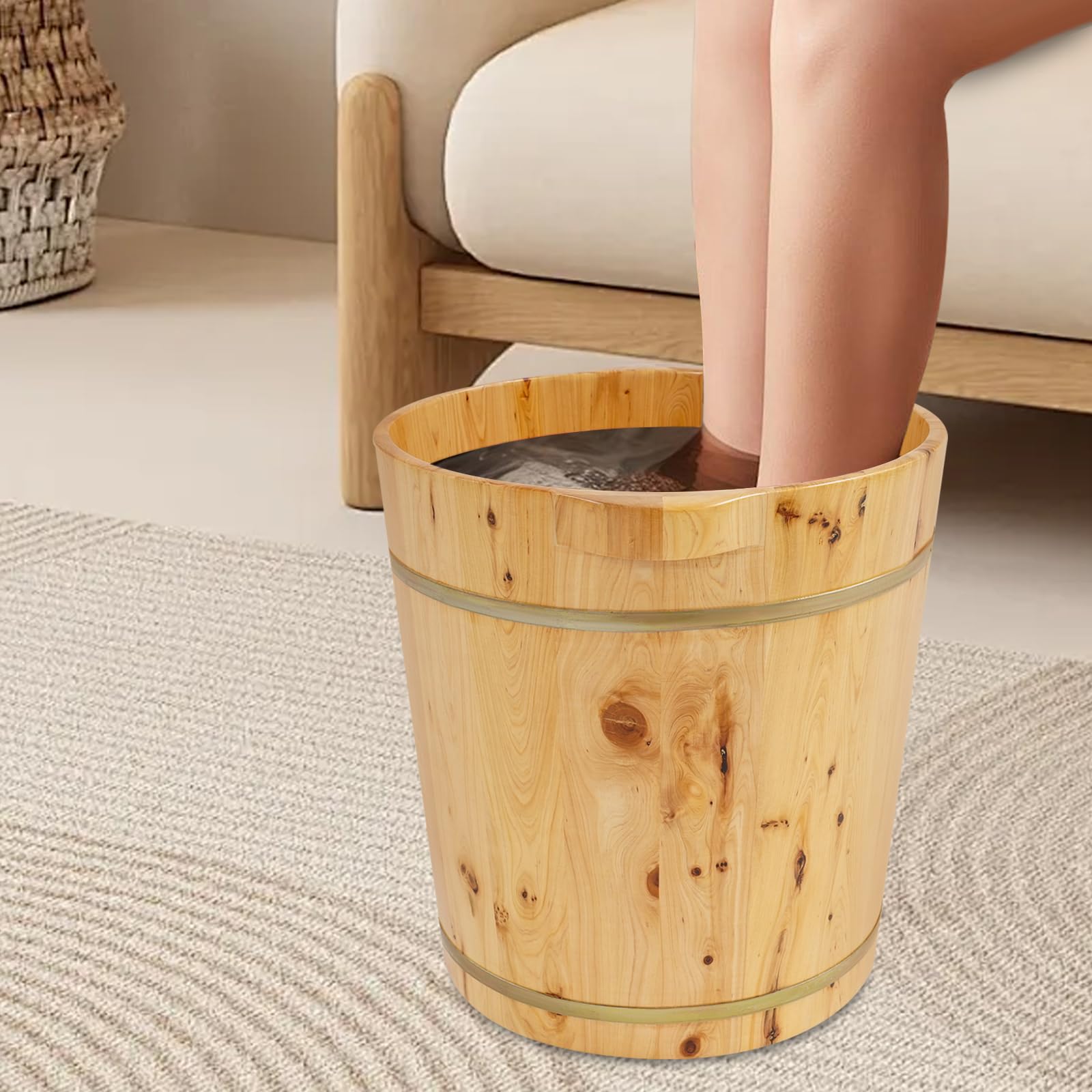 Wanna nożna, drewniana, duża, okrągła, 40 cm wysokości, wiadro do kąpieli stóp, praktyczne miseczki do pedicure do centrów wellness, sauny i hoteli (36,5 x 40 cm)
