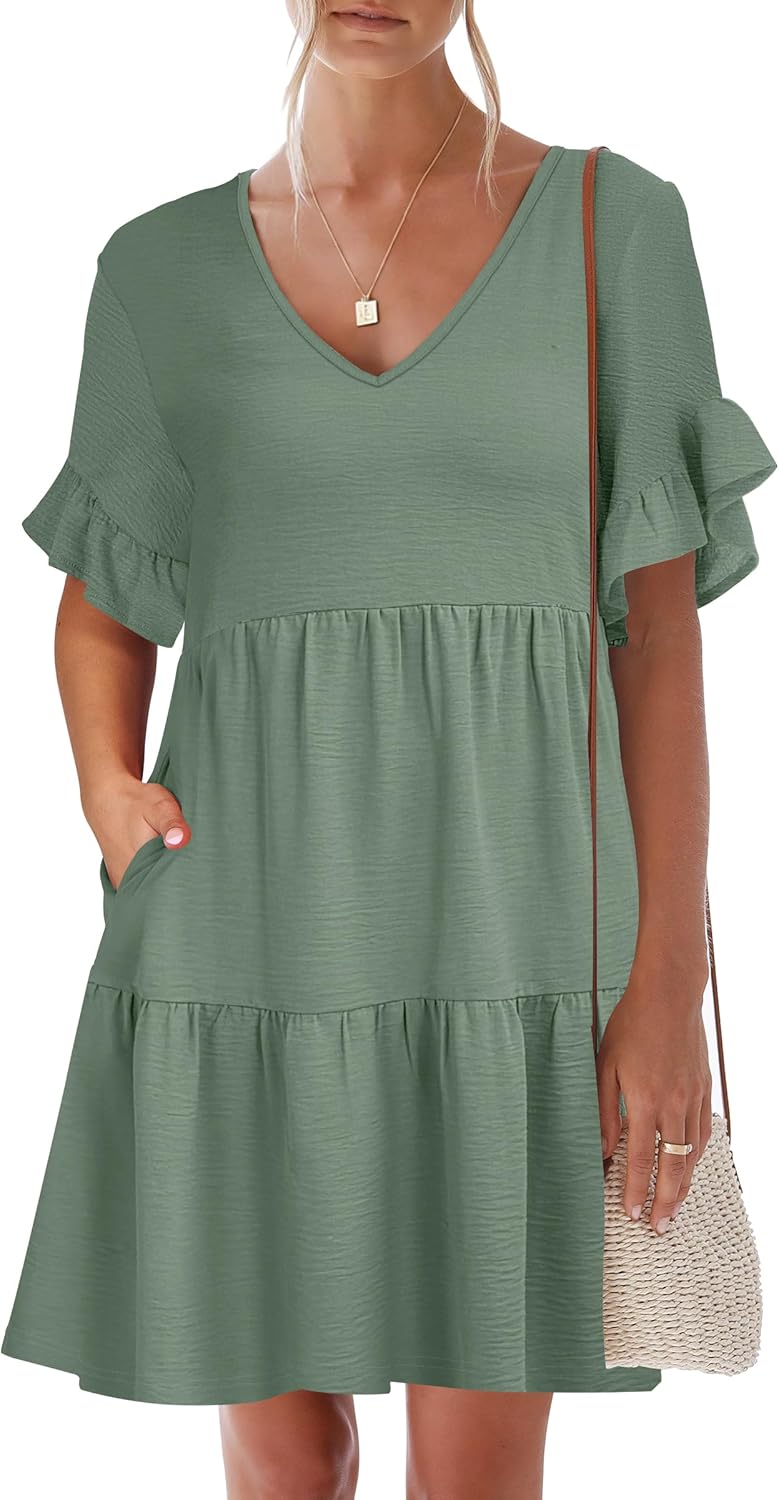 Caracilia Dresses for Women Summer Casual 2026 Ruffle Short Sleeve A Line Tiered Flowy Cute V Neck Mini Beach Dress Pockets