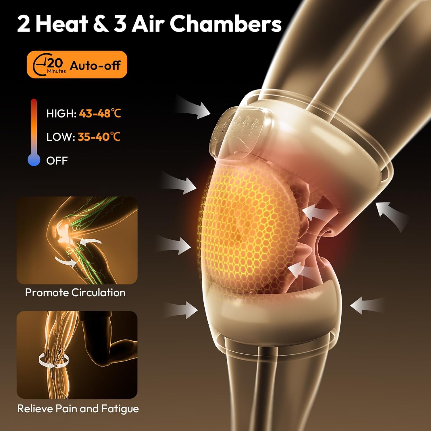 QUINEAR Knee Massager for Pain Relief,Air Compression Heating Pad for Knee,Heated Knee Warmers Wrap, Gifts for Men Women Dad Mom,3 Modes & 3 Intensities - Image 4