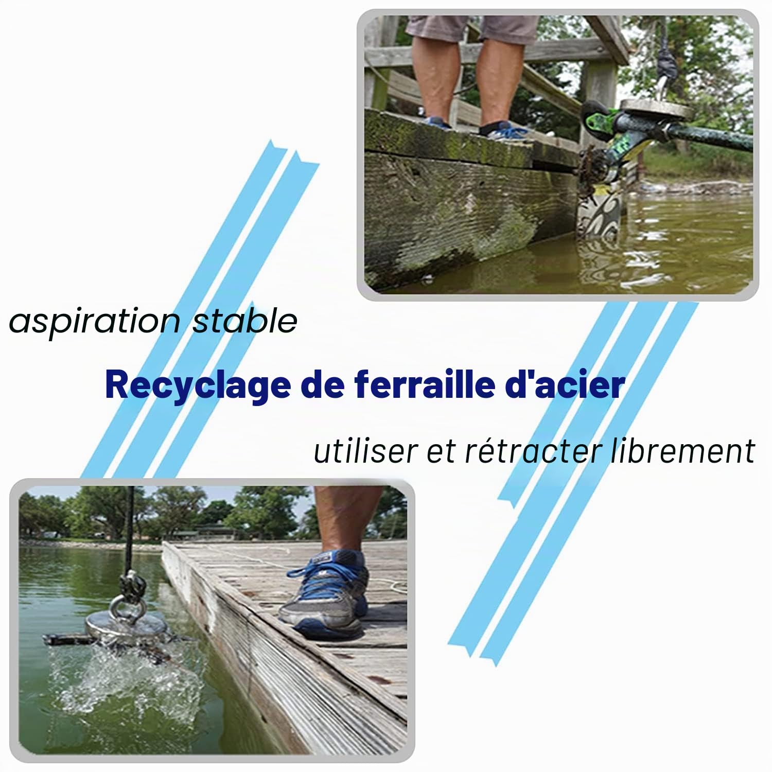 Kit de pêche magnétique 600 kg Force de traction verticale magnétique, aimant en néodyme robuste N52 avec corde durable de 15m,magnétique pour récupérer des trésors dans les rivières…