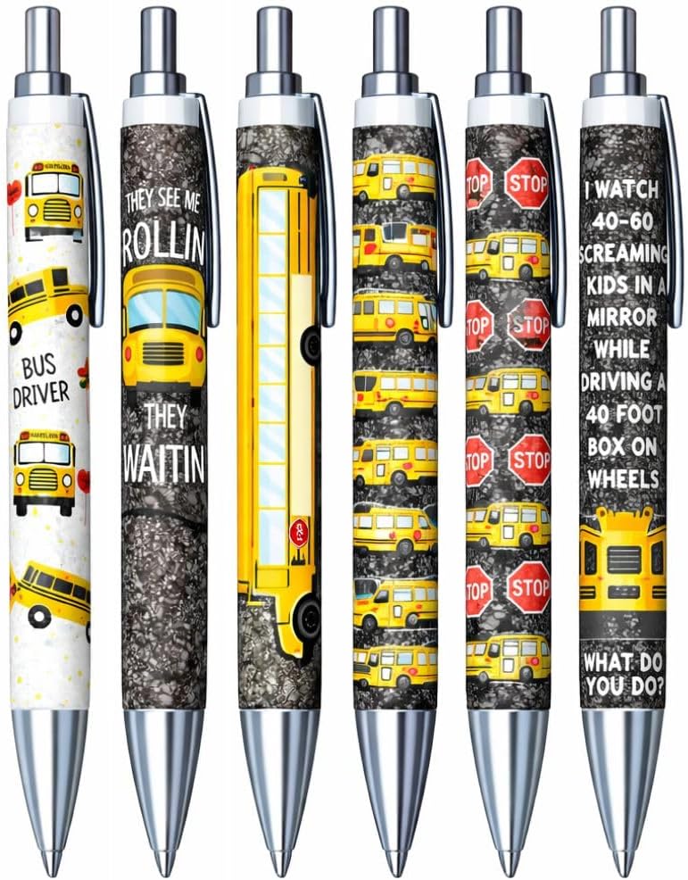 6PC School Bus Driver Appreciation Pens Thank You Gifts Retirement Party Favor Supplies Birthday End of Year Staff Ideas Transportation Employee Token Novelty Ballpoint Writing Set Accessories