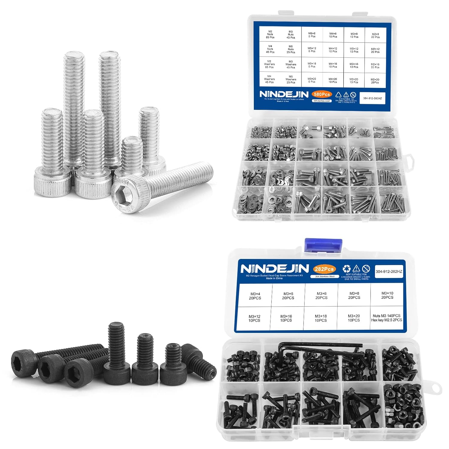 NINDEJIN M2 M3 M4 M5 Hex Socket Cap Screw Machine Screws Assortment Kit + M3 Allen Socket Drive Screw Bolt and Nut Set(580pcs Stainless Steel+282pcs Carbon Steel
