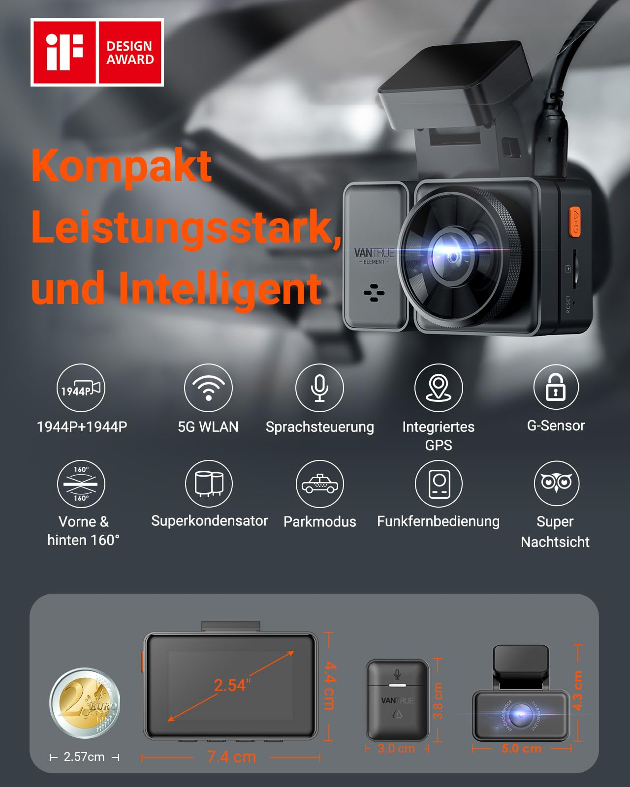 VANTRUE E2 2.7K+2.7K Dashcam Auto vorne hinten 5GHz WiFi 9MB/S GPS, Fernbedienung Sprachbefehle Dash cam Dual 1944P/1440P WDR Nachtsicht Puffer Parkmodus Auto Kamera, 2.45’’ 320° G Sensor, max. 512GB