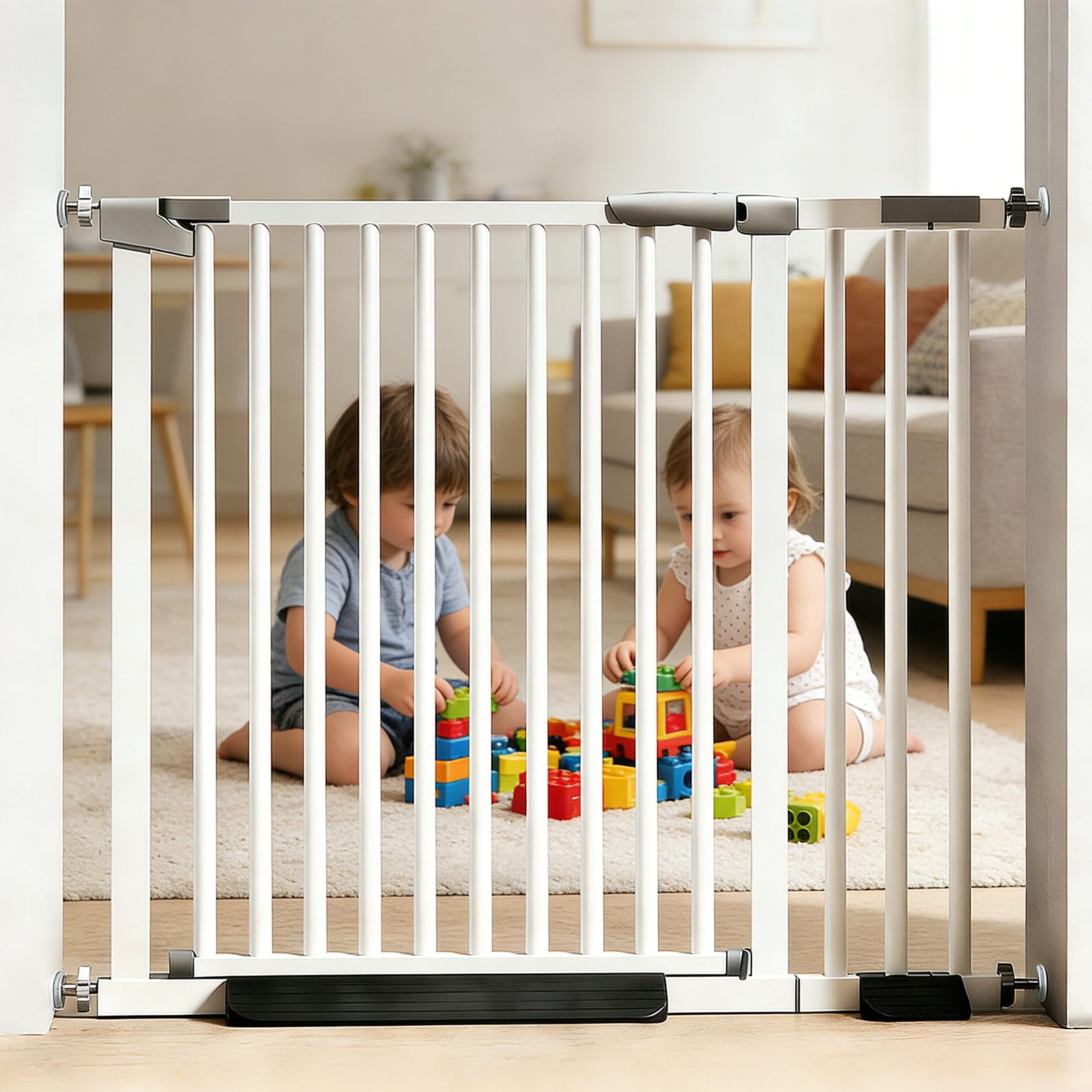 Baby Safety Gate, Auto-Close Metal Gate for Toddlers, Extra Secure Stair & Door Barrier, Adjustable Width, Dual Lock, No-Drill Installation (White, 111-118cm)-image-26