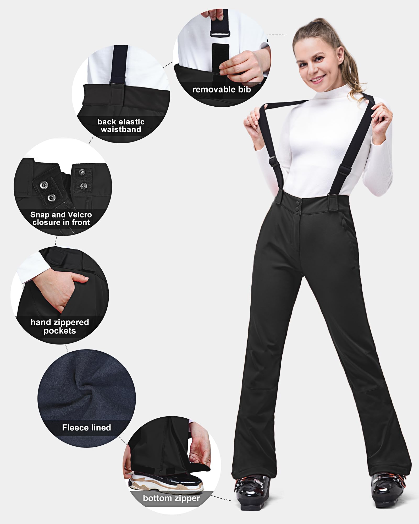 33,000ft Pantalones de esquí para mujer, pantalones con tirantes, impermeables, resistentes al viento, de softshell, cálidos, forrados, para nieve, snowboard, esquí o senderismo, Negro , L