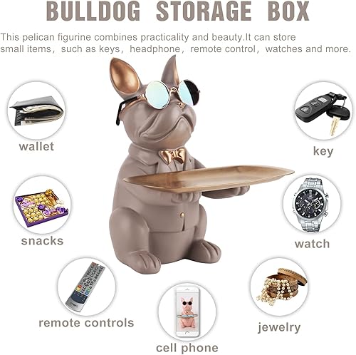 Miniatura 3 de suruim Regalos de bulldog francés, bandeja para llaves, bandeja para caramelos, decoración del hogar, estatua de mayordomo de resina, cuenco para