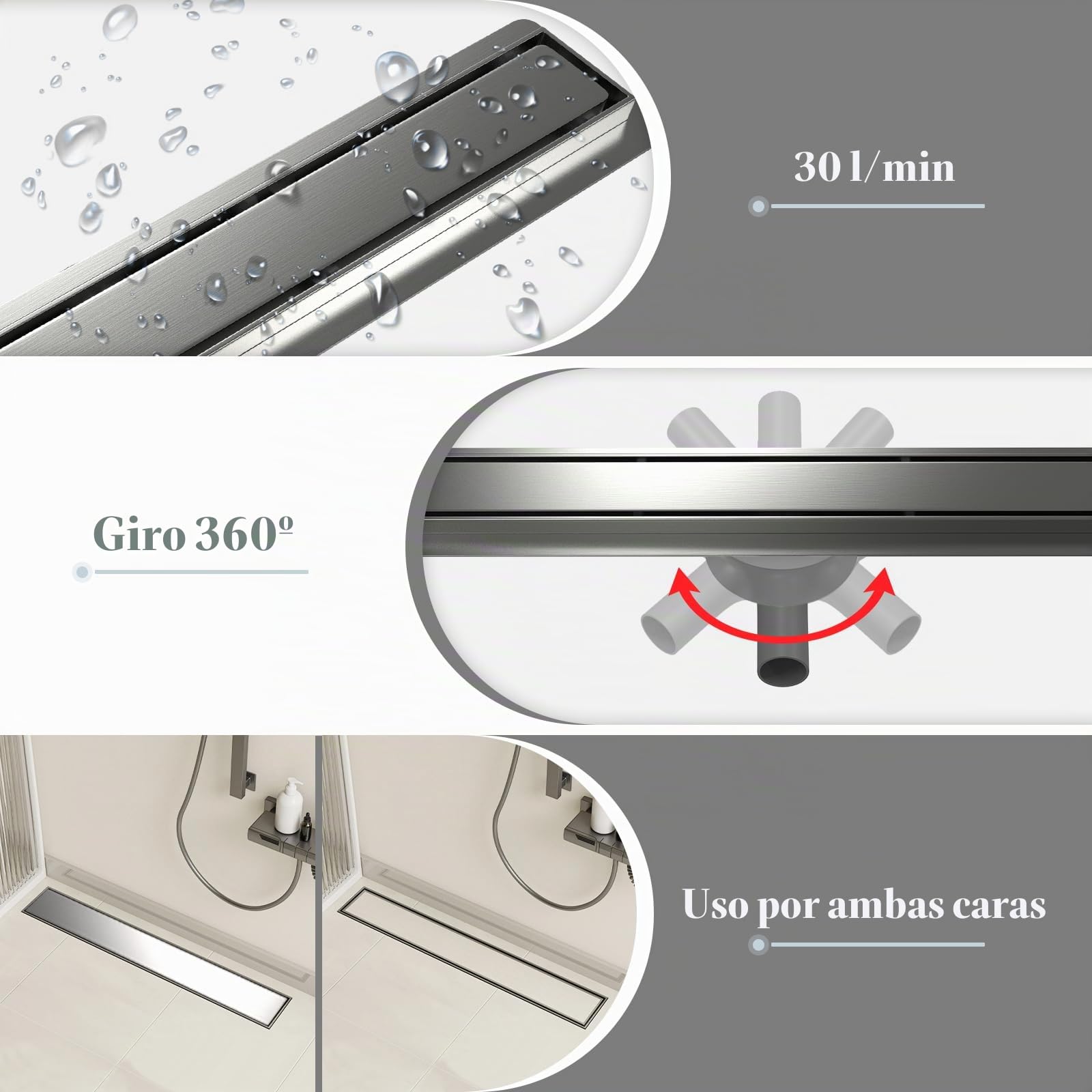 EFUTURETIME 70cm Canaleta de Ducha de Acero Inoxidable con Sifón de 360° Antioσμosis y Filtro, Desague Ducha Lineal Panel 2 en 1 con Tubo de Conexión DN40/DN50 Drenaje Rápido para Duchas Walk-in