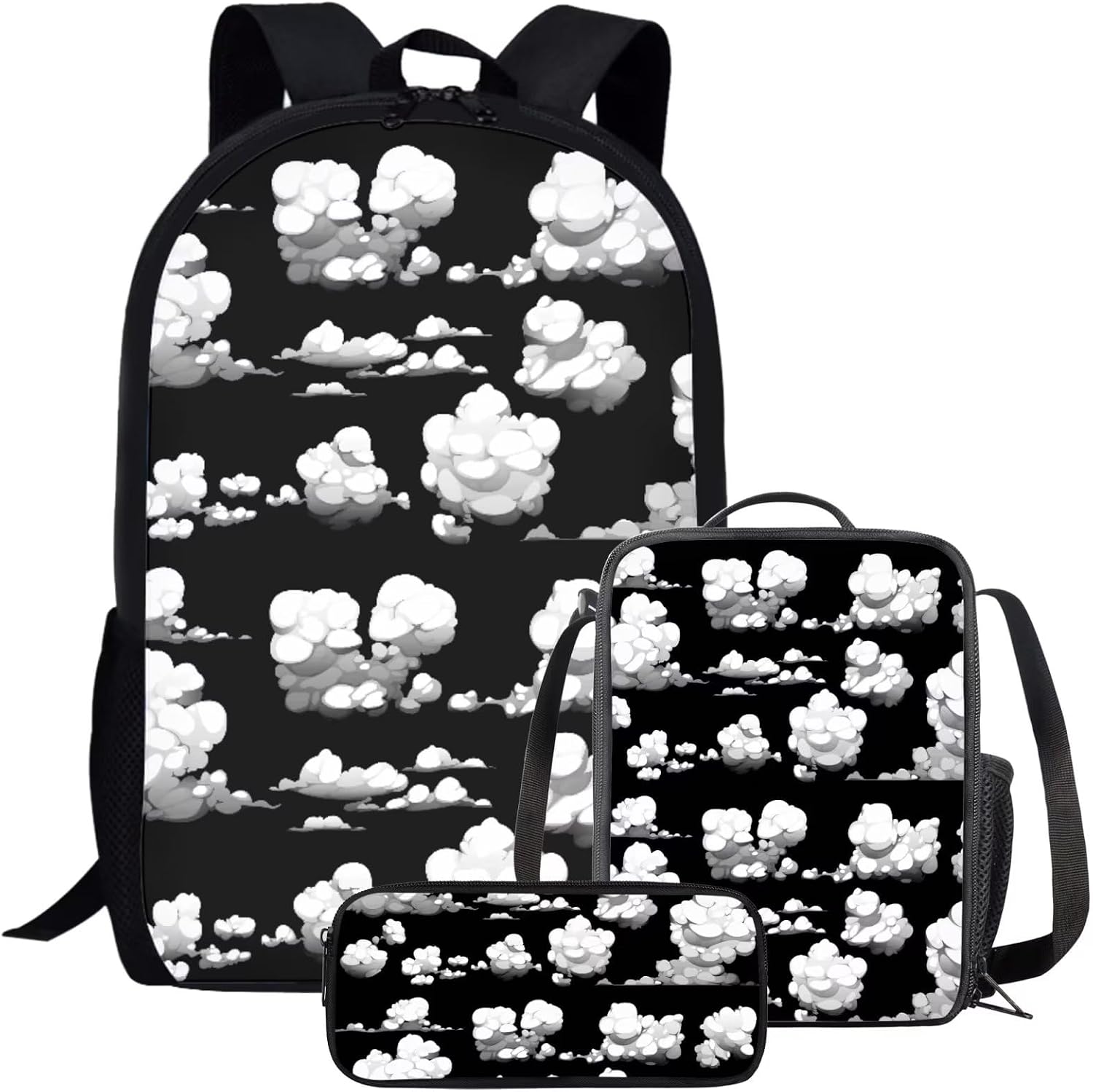 Cute Kids School Backpacks & Lunch Boxes Lightweight Durable Large Capacity Black Funny Sea Fish Squid Backpack Set for Boys Girls Adjustable Straps Breathable 17 Inch Bookbag with Pencil Case