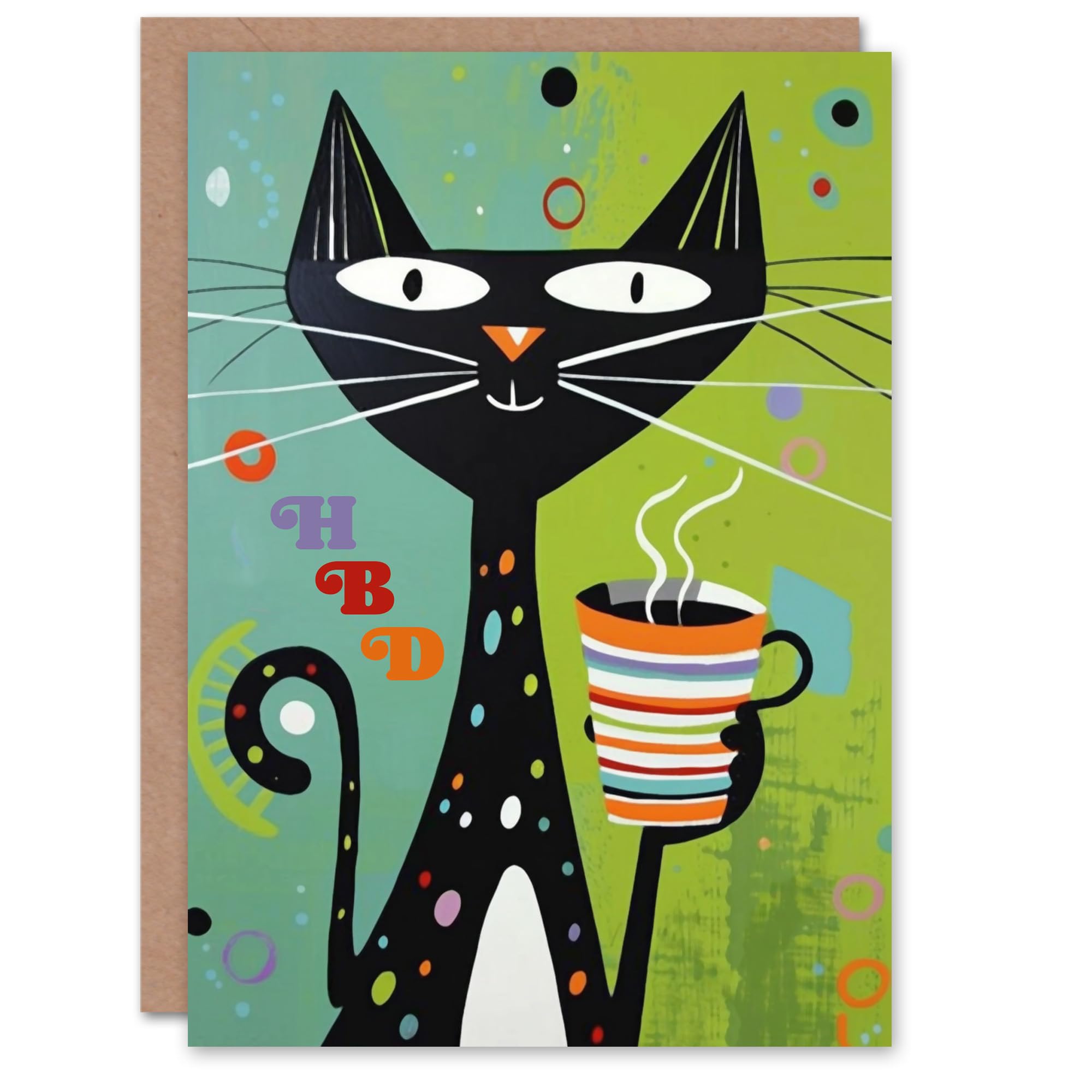 Artery8 Birthday Card HBD Cat Lover Happy Kitty with Coffee Cup For Her Gran Sister Niece Daughter Wife Woman Greeting Card