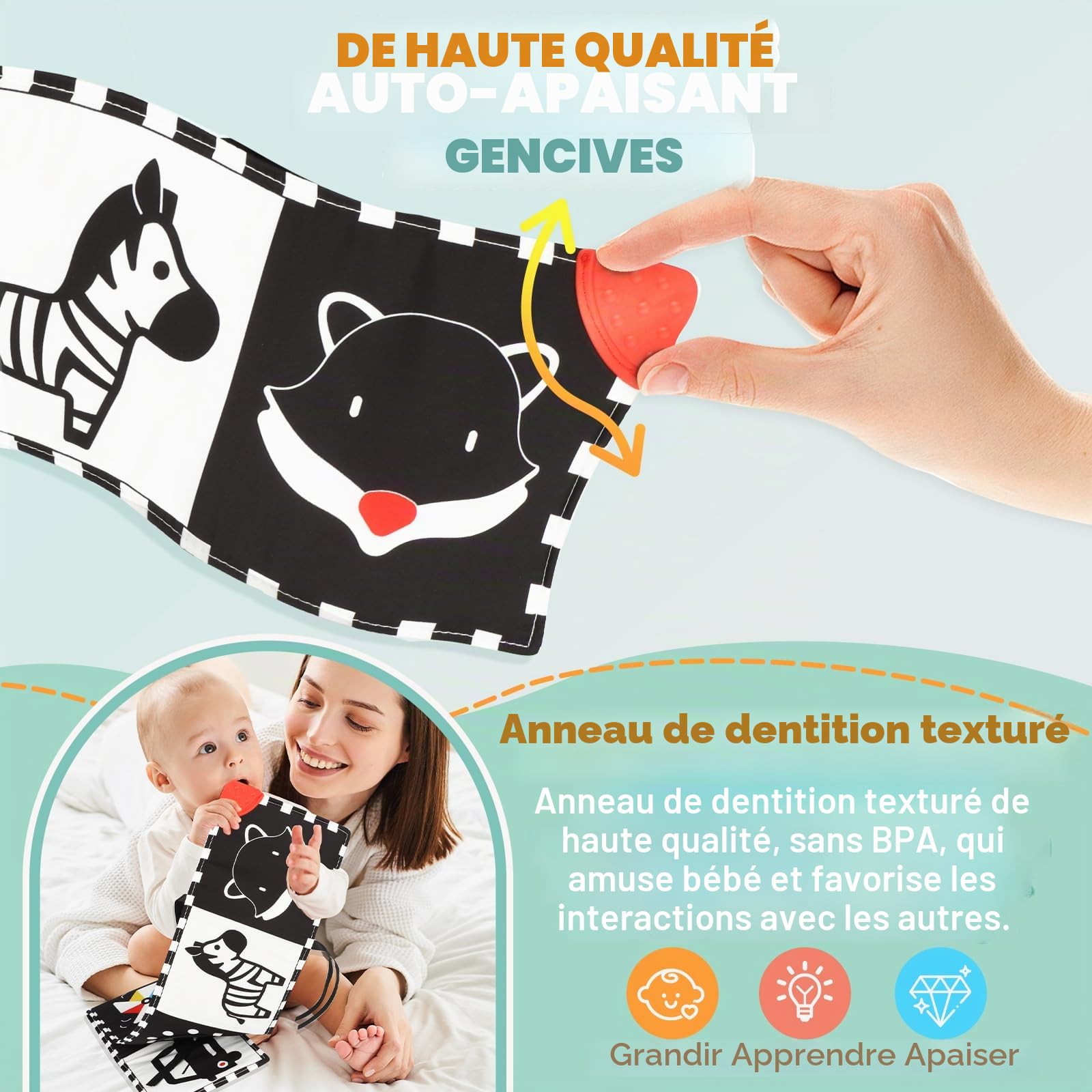BBWOO Livre bébé 0-12 Mois, Livre Noir et Blanc bébé sensoriel Montessori, Jeux et Jouet d'éveil pour Tummy Time, Pliable et Lavable, avec Anneau Dentition et Miroir, Un Cadeau Parfait