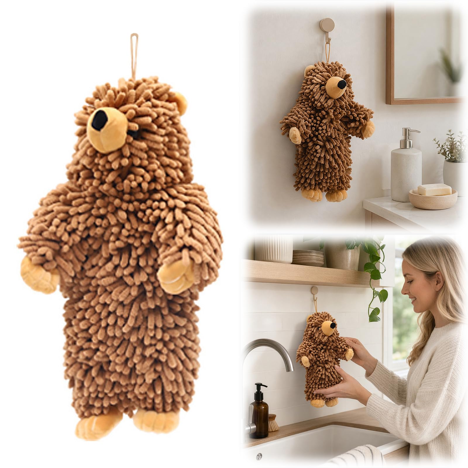 Chenille Bear Hand Towel - Cute 3D Plush Bear Hand Towel with Loops, Super Absorbent Hanging Kitchen & Bathroom Towels for Kids, Microfiber Fuzzy Animal Hangable for Bath, Washstand