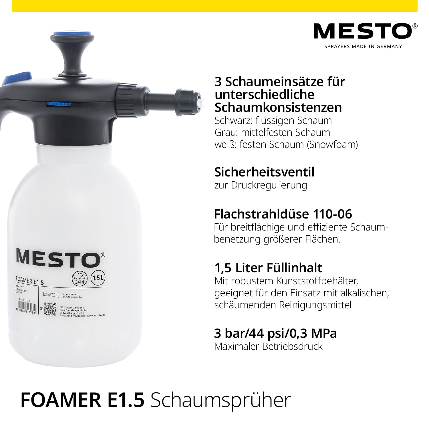 MESTO 3132FE FOAMER Drucksprüher 1,5L Schaumsprüher | Schaumgerät mit EPDM-Dichtungen | Foam Sprayer für Automotive Reinigung | Schaum Sprühflasche | Spezial-Flachstrahldüse 110-06 | inkl. Fleecepads