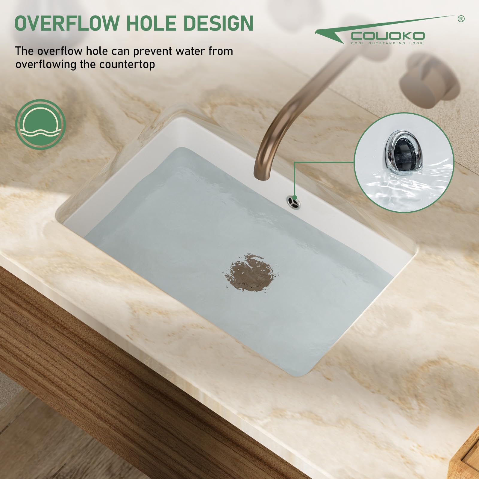 Couoko 18x12 Inch Undermount Bathroom Sink with Rectangular Bottom