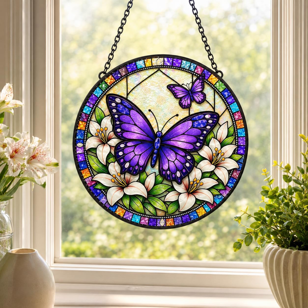 8 Inch Purple Butterfly Stained Glass Suncatcher, Round Butterfly and Lily Window Hanging with Chain, Floral Glass Window Decor for Home, Gift for Mom, Grandma, Women
