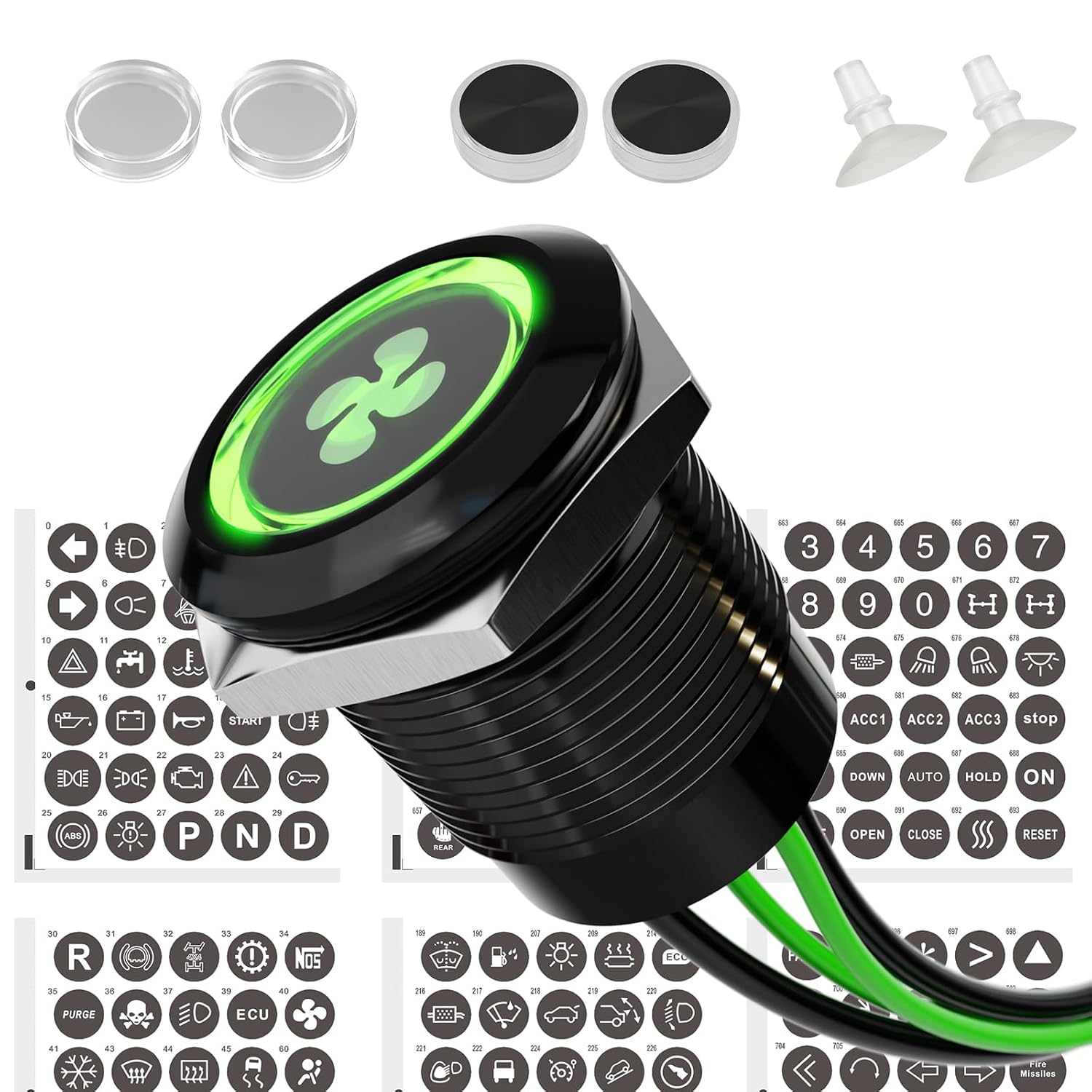 19mm Latching Push Button Switch, 5A ON Off IP67 Waterproof LED Switch with 185 Replaceable Symbols for 12V 24V Marine Boat, Car Audio, Light, Power Control (Stringing, Green Light)