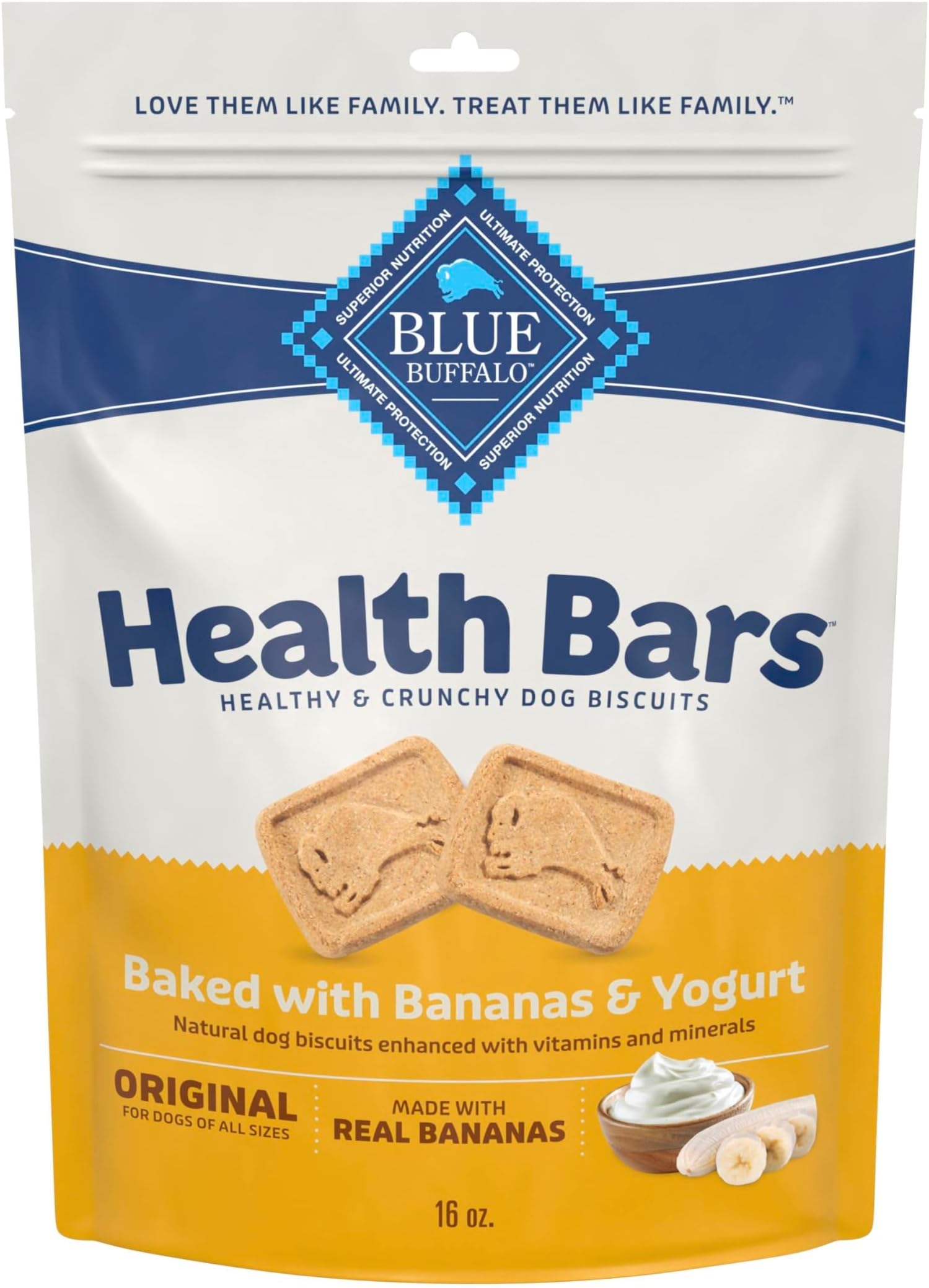 Blue Buffalo Health Bars Crunchy Dog Biscuits, Oven-Baked Dog Treats Made with Natural Ingredients, Bananas & Yogurt, 16-oz Bag