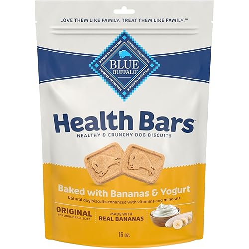 Blue Buffalo Health Bars Crunchy Dog Biscuits, Oven-Baked Dog Treats Made with Natural Ingredients, Bananas & Yogurt, 16-oz Bag