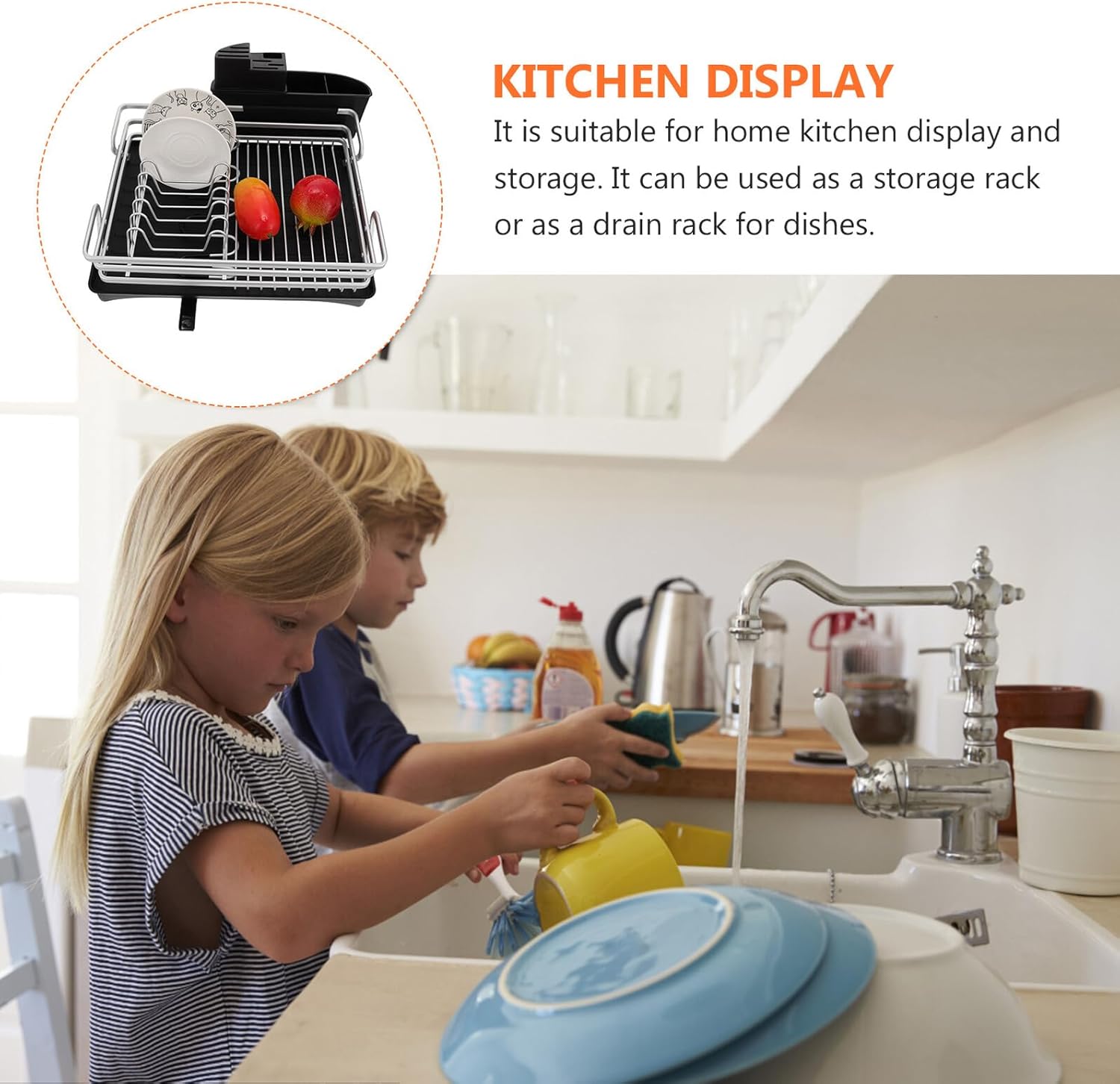 Luxshiny Multi-Function Aluminum Drain Rack with Dish Plate Storage, Silver Finish with Black Base, Kitchen Tableware Drying Shelf for Sink Organization