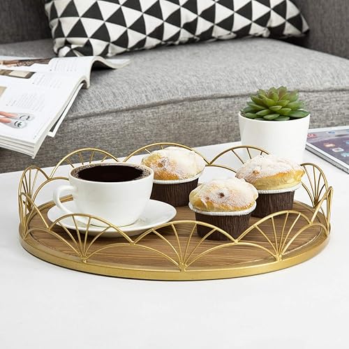 Miniatura 2 de MyGift Bandeja decorativa redonda de madera quemada con elegante borde de metal en tono latón, bandeja de tocador de 12 pulgadas
