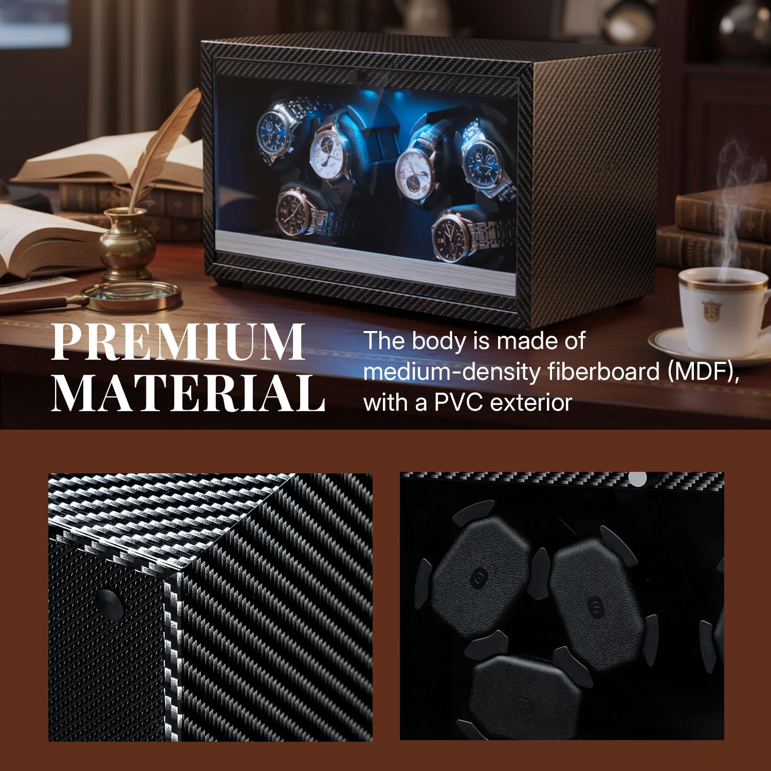Mcbazel Automatyczny nawijacz do 6 zegarków ze światłem LED, ultra cichy silnik, 4 tryby rotacji, zasilanie USB DC, nadaje się do zegarków do 45 mm - wzór włókna węglowego
